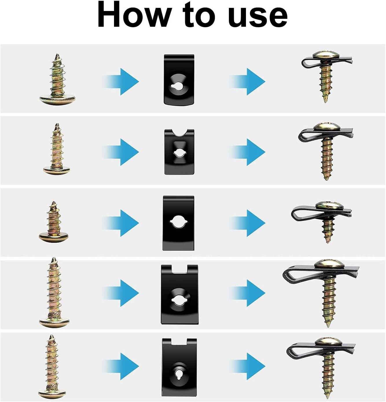 Funcyboo 170 Pcs U-Clip and Screw Assortment Kit, 9 Sizes U Type Clips and Nuts Auto Car U-Clip Universal Bumper Cover Screws for Dash Door Bumper Panel Interior image number 4