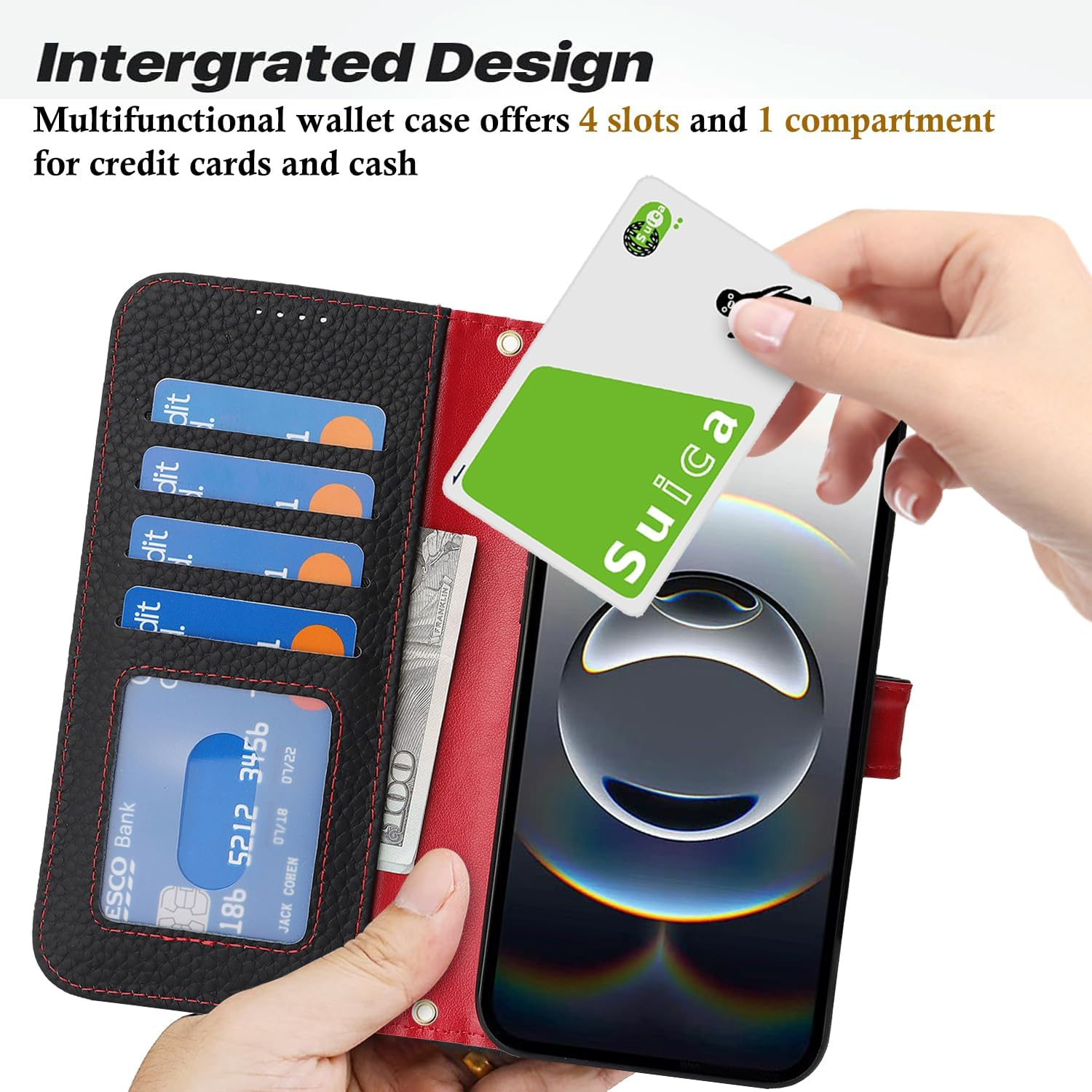 For Iphone 16E Case Genuine Leather Wallet for Iphone16E I16E Sunyoo Case Folio Porte Feuille Coque &Eacute;tui Funda Portefeuille Femmes Homme RFID Blocking Magnetic Book Flip Cover Black Red image number 2