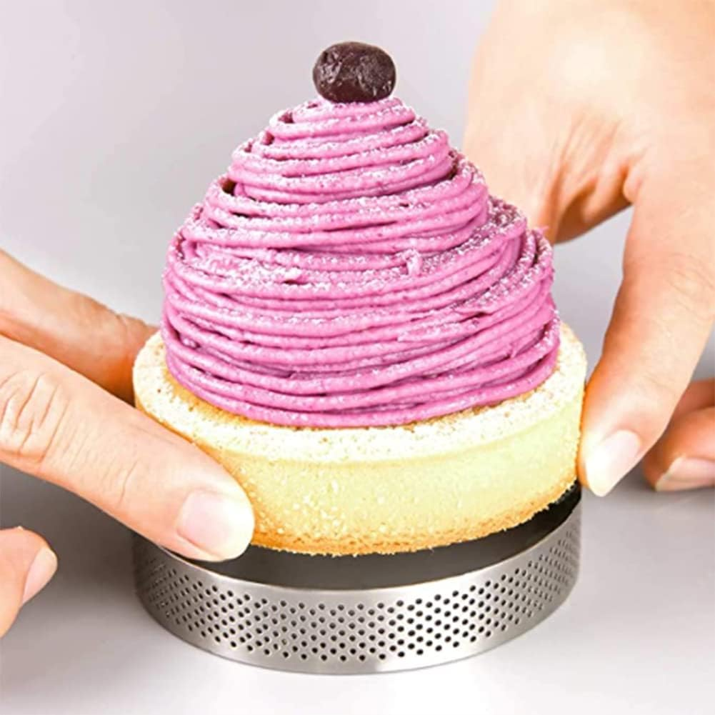 8Pcs Stainless Steel Tart Ring, Heat-Resistant Perforated Cake Mousse Ring round Double Rolled Tart Ring Metal Mold 10Cm image number 2