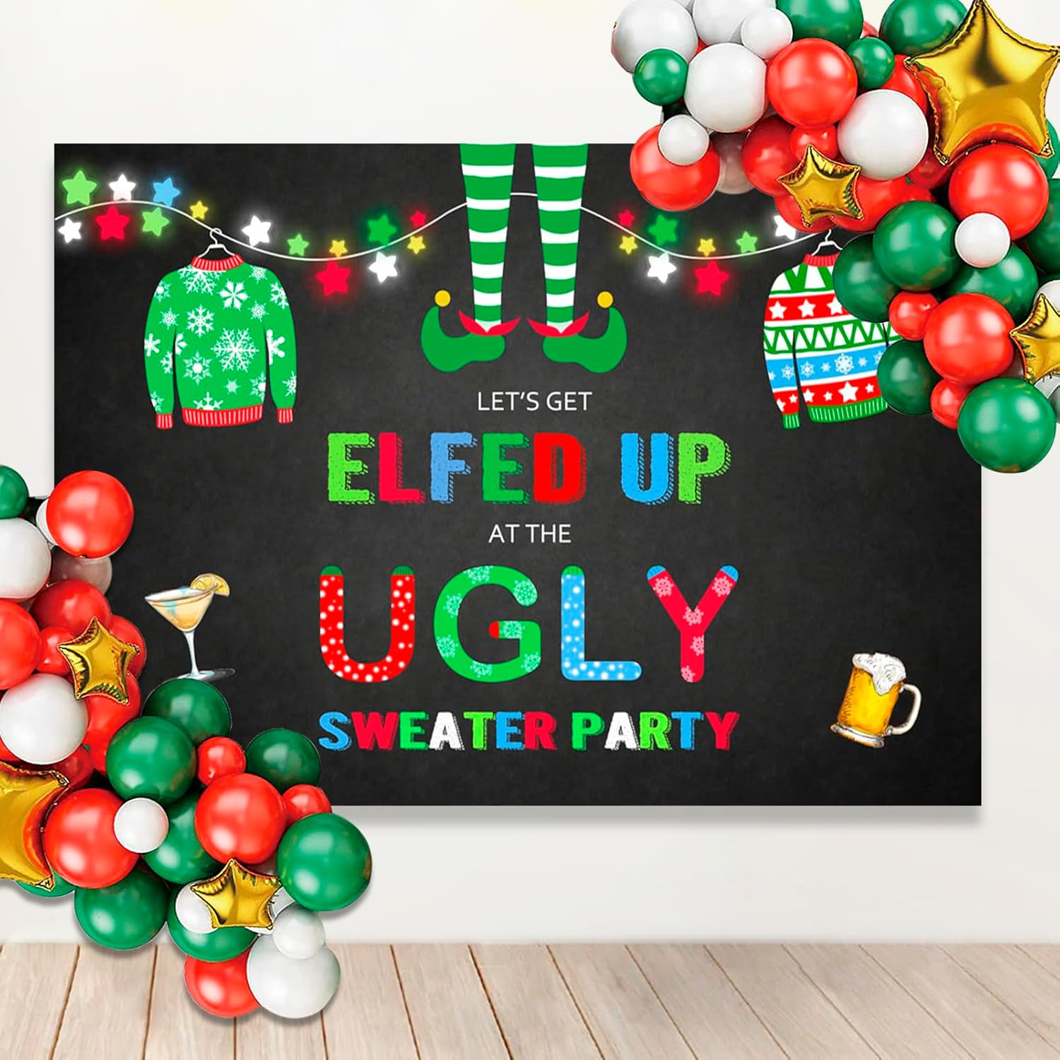 Mocsicka Elfed up Ugly Sweater Party Backdrop Christmas Ugly Sweater Photography Background 7X5Ft Vinyl Christmas Holiday Ugly Sweater Party Backdrops image number 1
