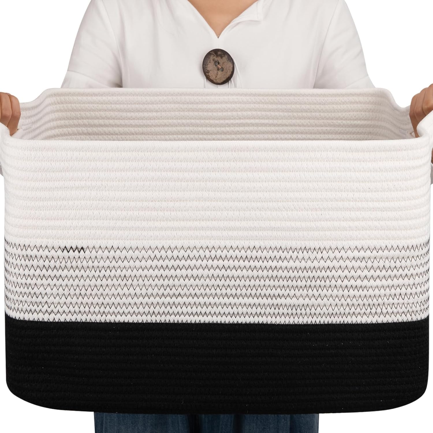 3 Pack Storage Basket, Cotton Rope Woven Basket with Handles for Shelf, Pet Toy, Book, Cloth, Storage Organizer for Living Room, Bathroom (Gradient Black, M)