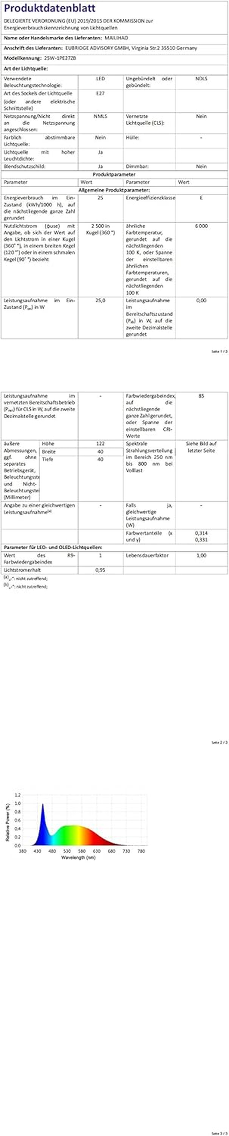 MAILIHAO 1 Pack E27 LED Corn Bulb, 25W Cool White 6000K, 2500LM, 200W Incandescent Bulb Equivalent, 360 Angle, Edison Screw Bulbs, Non-Dimmable image number 5