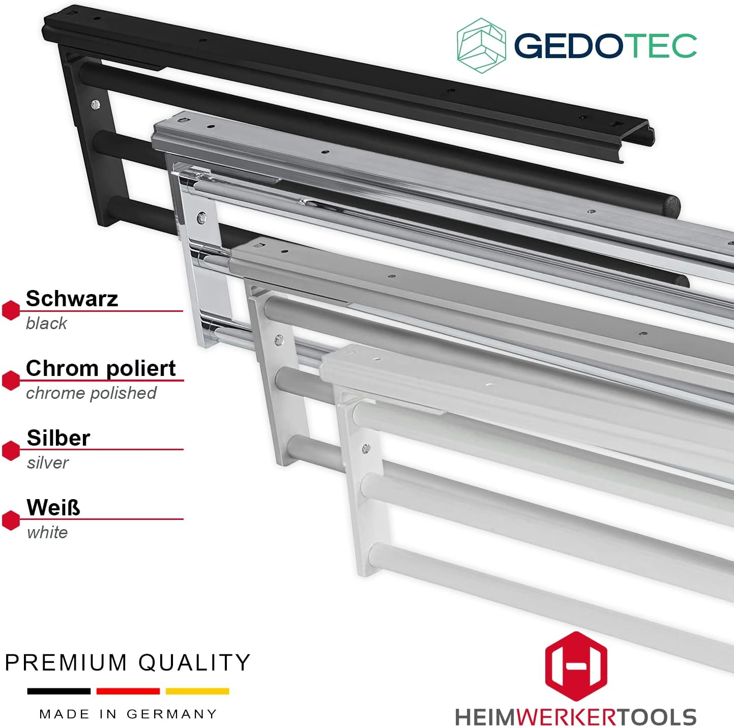 Gedotec H6008 Hand Towel Rail 3-Arm Extendible Tea Towel Holder Length 465 Mm in Black Bathroom and Kitchen Cupboard Towel Rail Swivelling 90&deg; Made in Germany image number 5