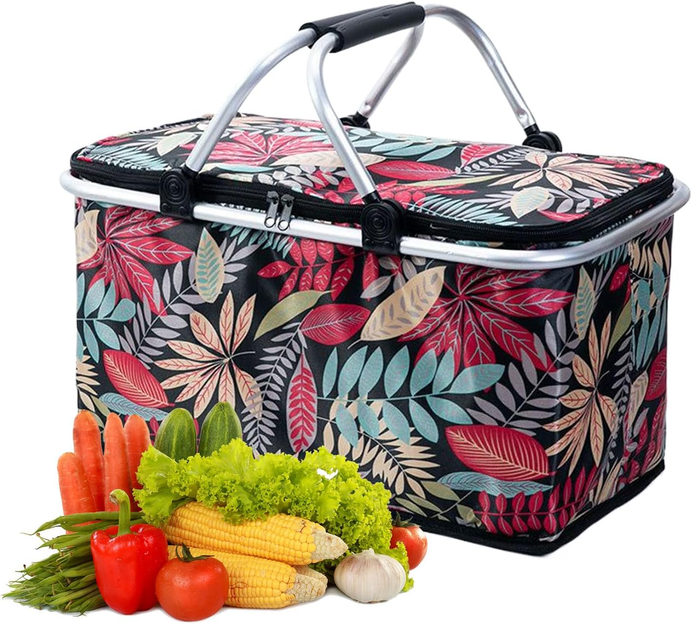 Grocery Baskets with Handles | Foldable Basket Shopping Bags with Handles,Cooler Bag Storage Organizer for Picnic Camping Women Family Retail Fishing Outdoor Road Trip