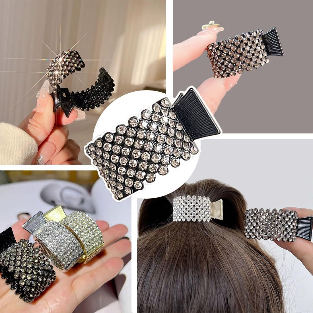 ZEPIQOR Pack of 3 Women'S Hair Clips Metal Rhinestone Hair Clips Holder High Ponytail Non-Slip Fashionable for Thick Thin Hair (Gold, Silver, Black)