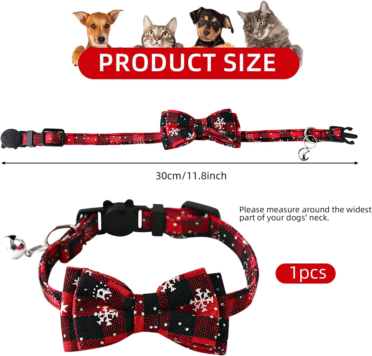 Christmas Collar Dog Cat Christmas Collar Christmas Collar with Removable Bow, Collars with Bow Tie Christmas, Checked Costume Dog Collar for Cats and Puppies (Red) image number 5