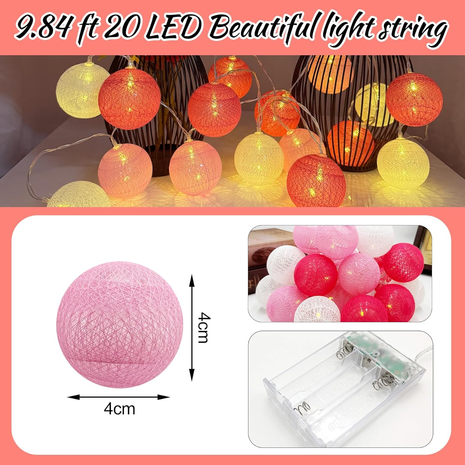 LED Fairy Lights, Cotton Balls, 300 Cm, 20 LED Balls Fairy Lights, Battery Operated, Cotton Ball Fairy Lights for Christmas, Wedding, Children'S Room, Party Decoration image number 4