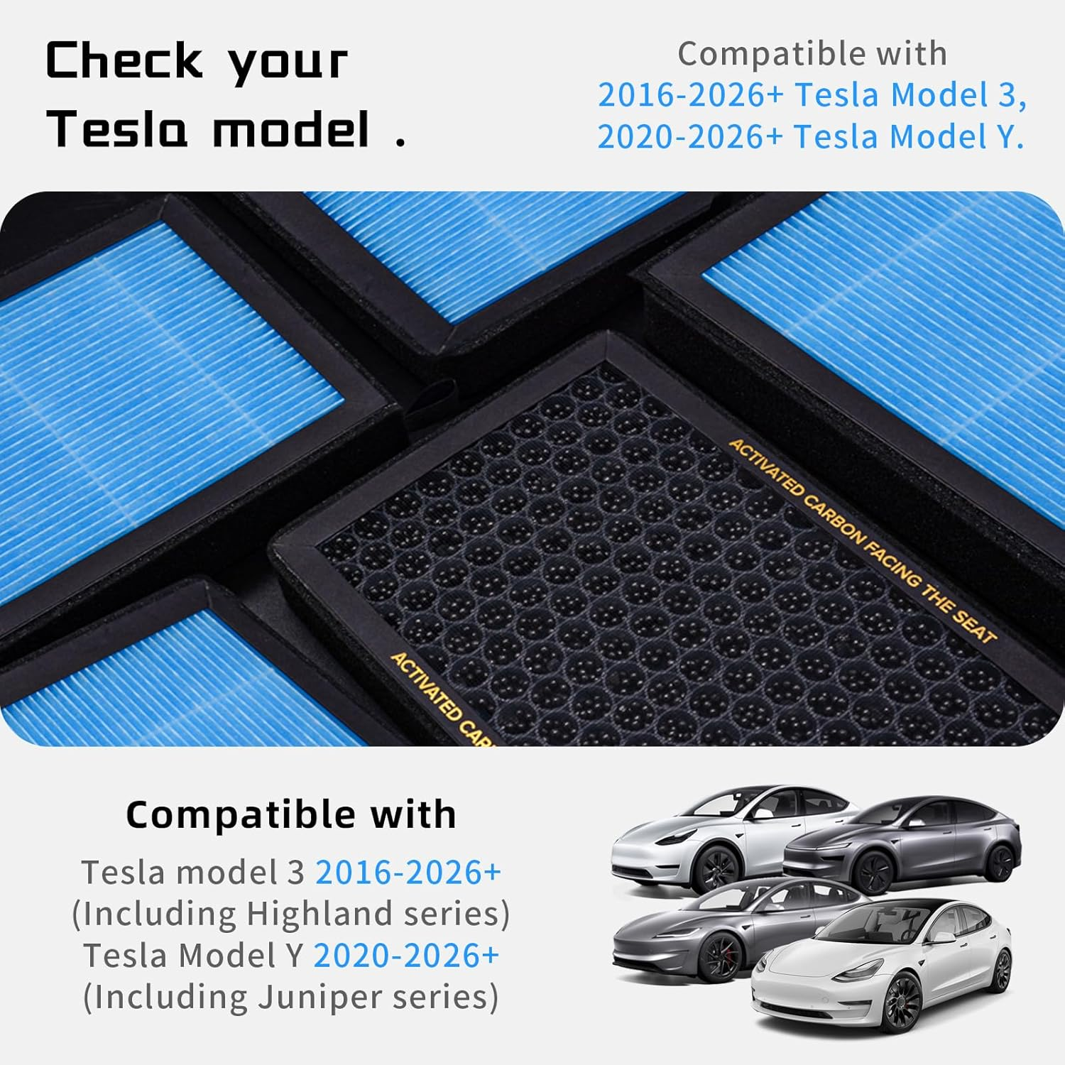 CYBERBEANS Air Conditional Replacement with Activated Carbon for Tesla Model 3 Model Y HEPA Cabin Air Filter Accessories 2016-2024 2025 Juniper Highland Upgraded Version(2 Pack) image number 5