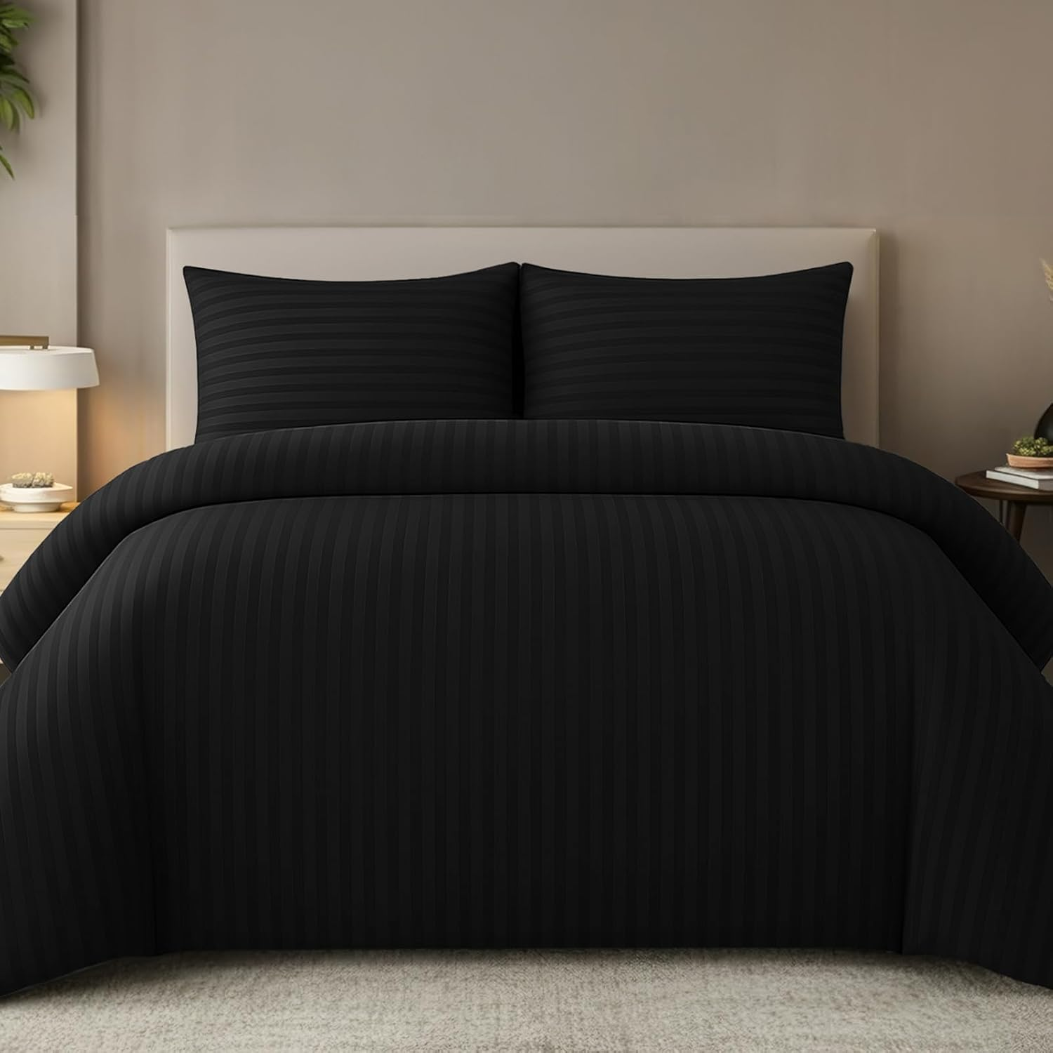 Pamposh Satin Stripe Double Duvet Set - Premium Hotel Quality Quilt Cover Bedding Sets - Hypoallergenic Ultra Soft Microfiber Bed Linen