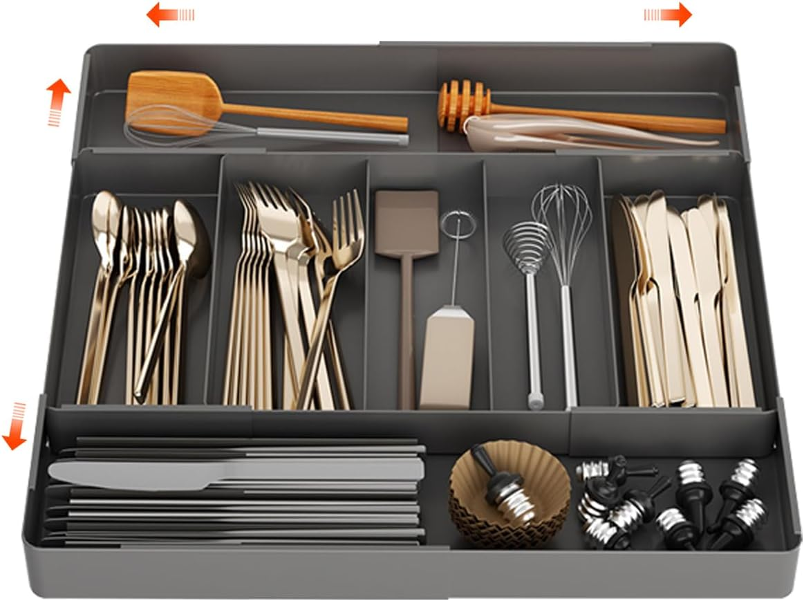 Cutlery Drawer Organiser, Kitchen Drawer Organiser, 4-Sided Telescopic Expandable Cutlery Organiser for Silverware,Cutlery, Accessories or Gadgets,Black