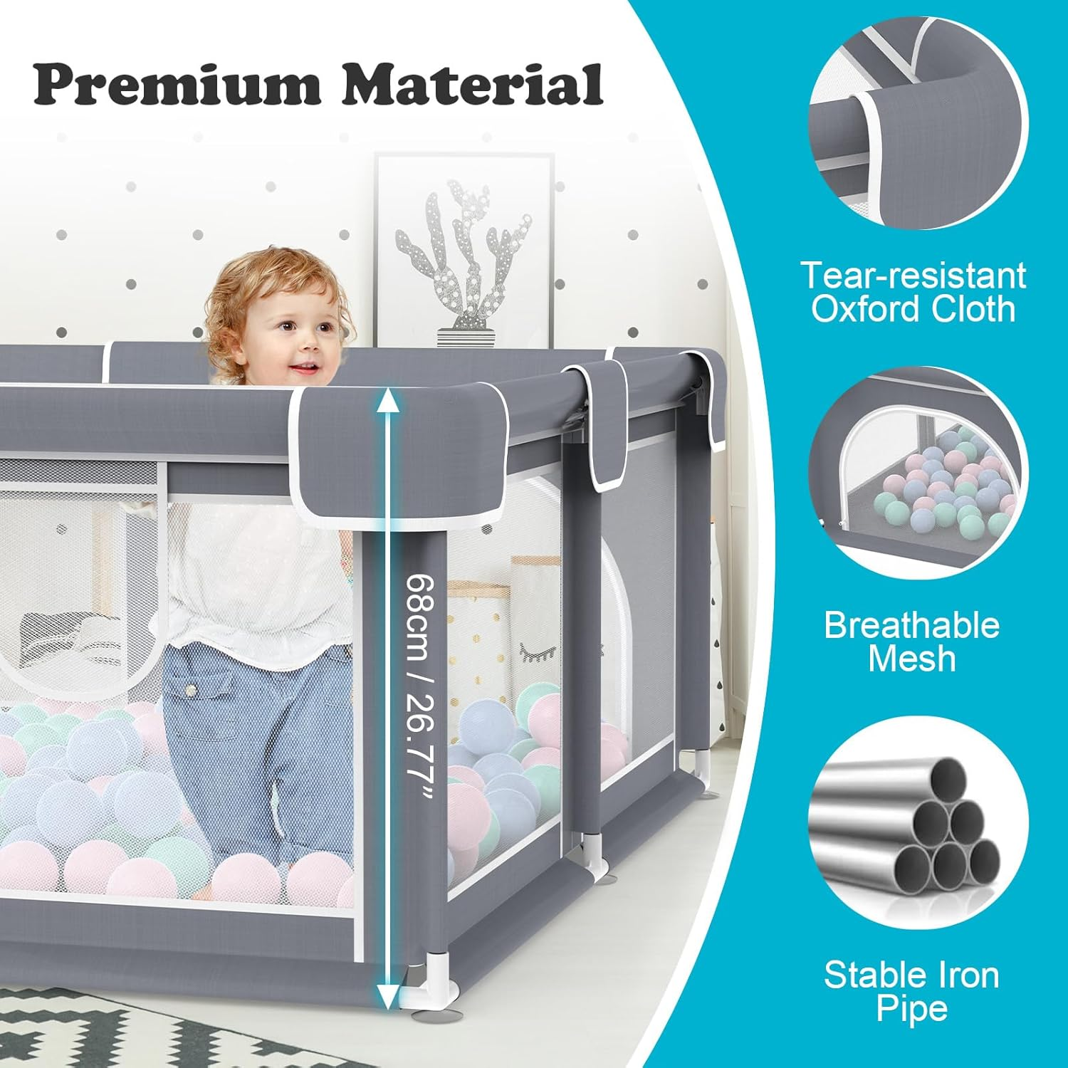 Advwin Baby Playpen 185 &times; 155Cm,Large Playpen for Toddlers,Sturdy Playpen with Soft Breathable Mesh,50 Ocean Ball and Pull Tabs,Non-Slip Base,Indoor & Outdoor Kids Activity for Infant Safety(Gray)