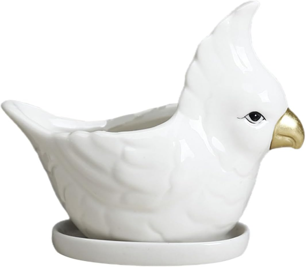 SEWACC Ceramic Succulent Flowerpot Set with White Parrot Design and Saucer, Creative Cartoon Animal Planter Pot for Indoor Gardening and Green Plant Decoration image number 4