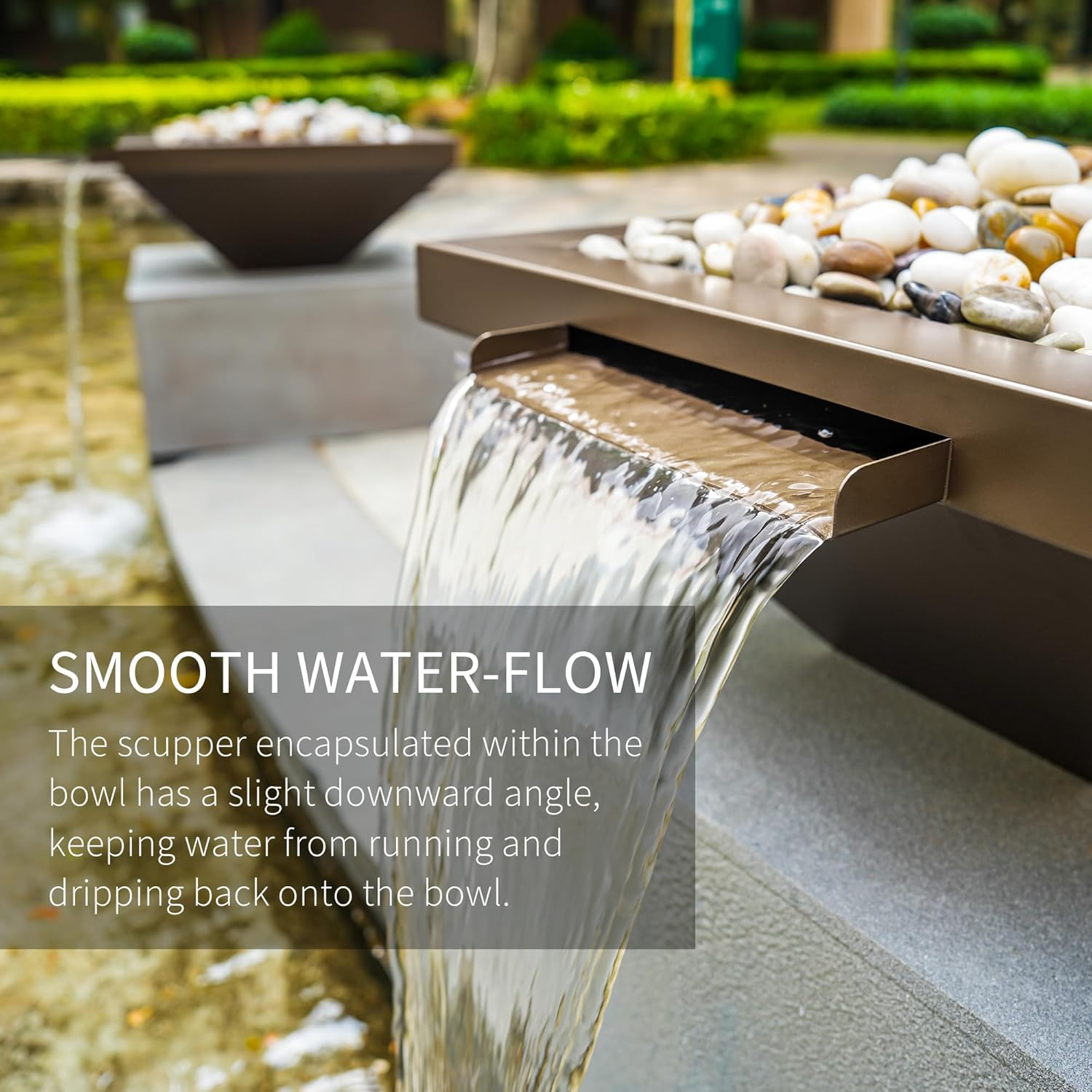 PONDO 24" Square Garden Water Bowl, Stainless Steel Spilling Water Feature for Outdoor Ponds, and Other Landscaped Areas (Antique Brown Coated) image number 3