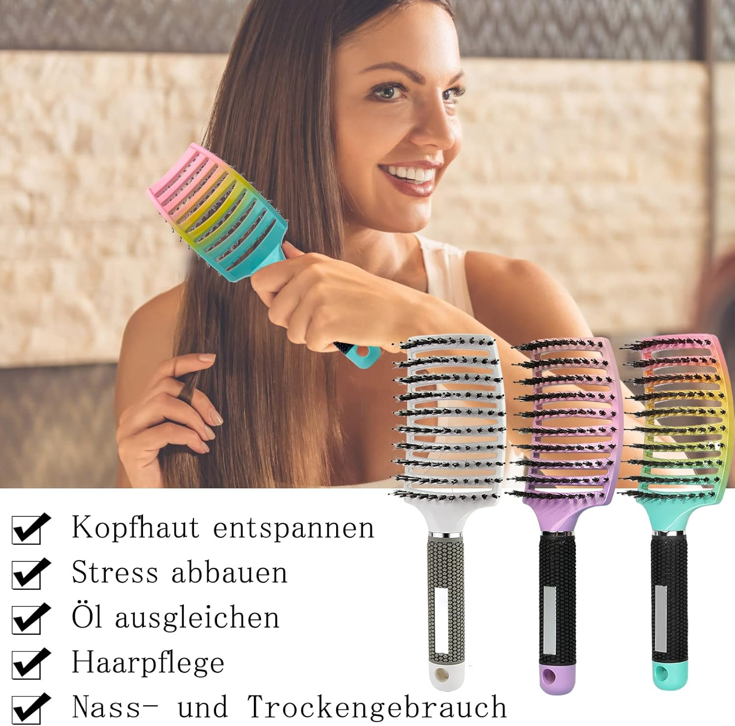 3 Pieces Hair Brush Boar Bristles Detangling Brush Hair Brush without Pulling Detangling Hair Brush Wild Boar Bristles Hair Styling Brush Hair Brush for Women Men Children image number 5