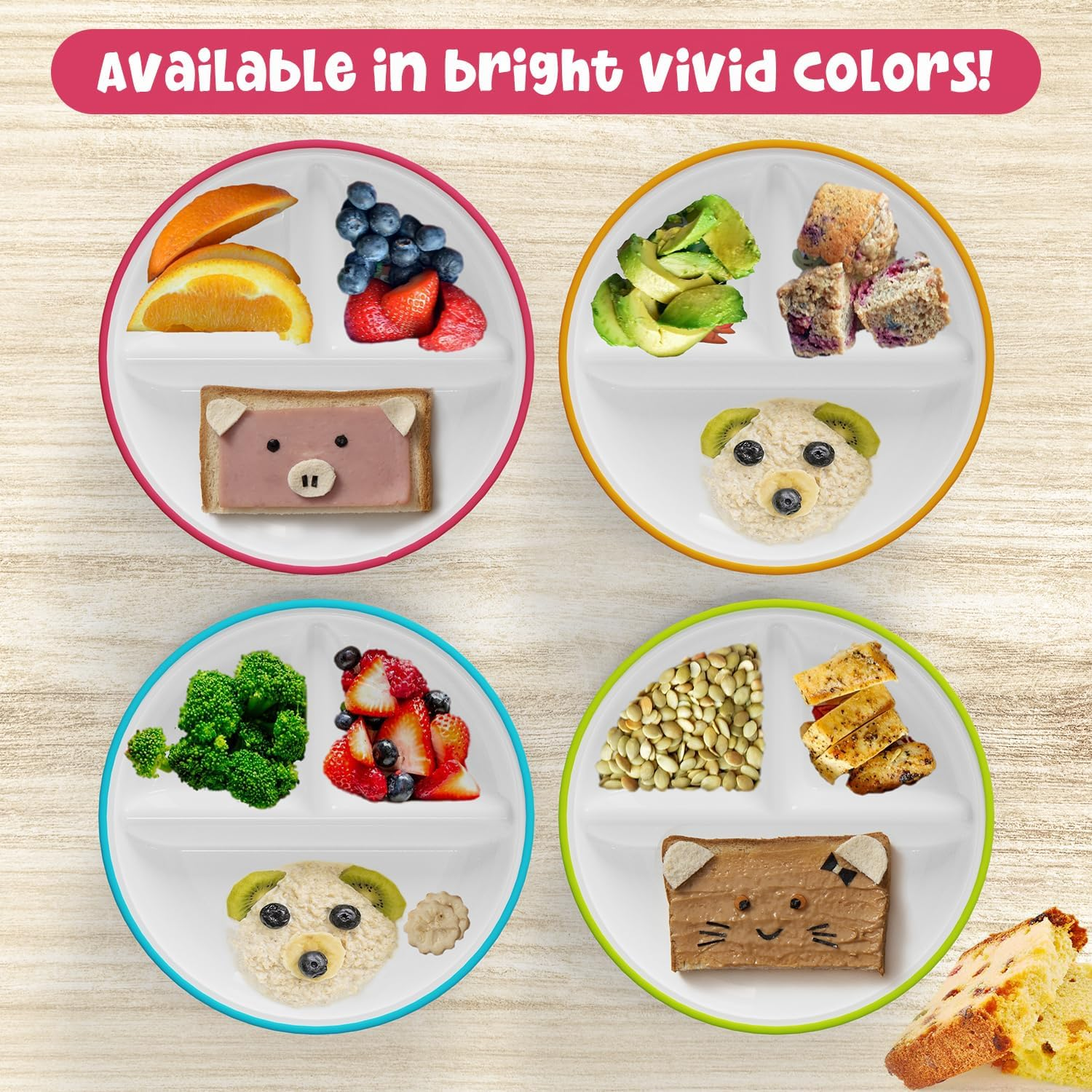 Kids Porcelain Plates with Anti-Slip Silicone Sleeves | Microwave & Dishwasher Safe | Premium Divided Toddler Plates for Hassle-Free Eating | Perfect for Toddlers & Kids of All Ages - Set of 4 Plates image number 4