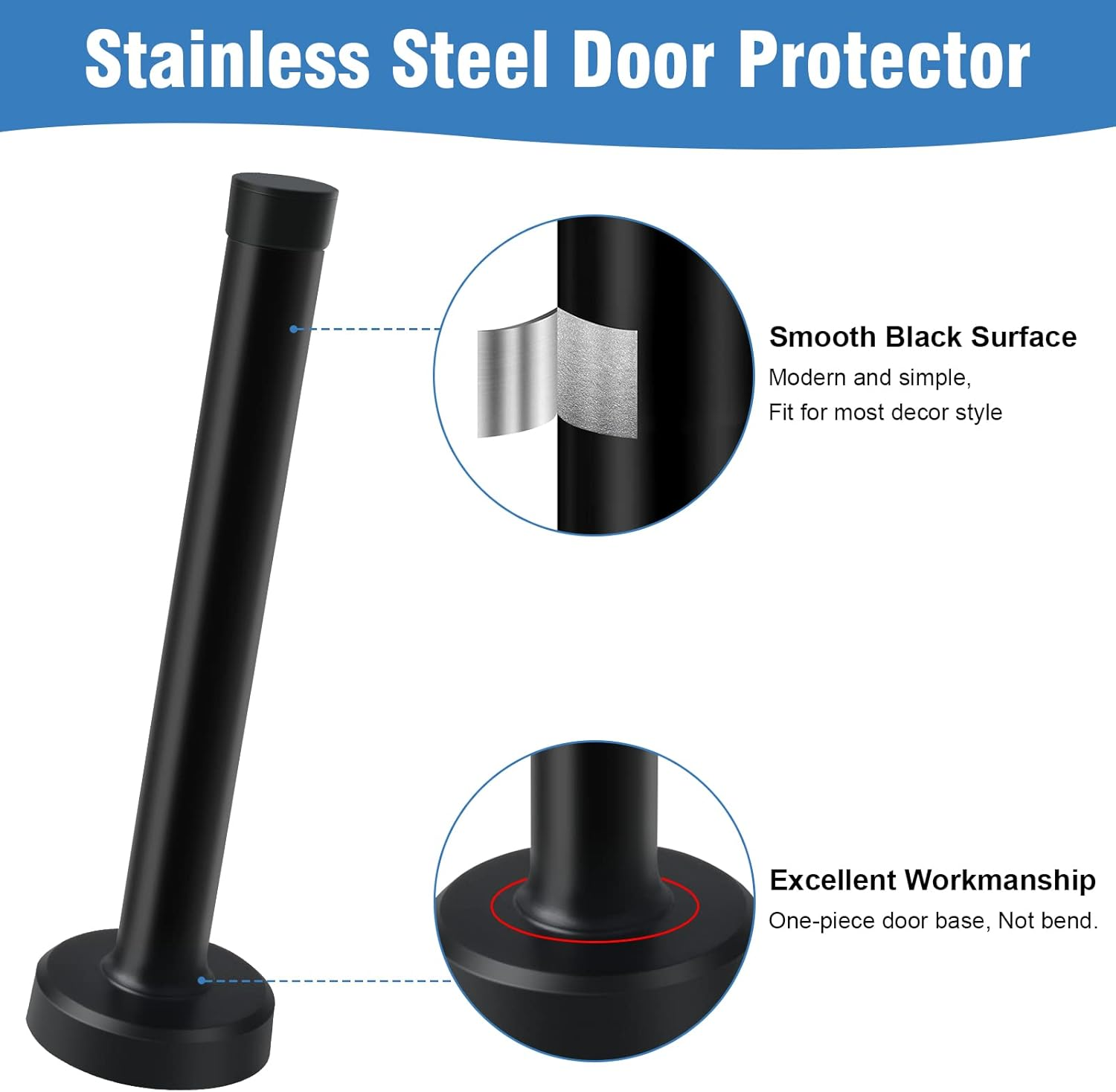 KOLAKO Door Stops, 6 Inch Door Stopper, Wall Mount, Brushed Stainless Steel Extra Long Doorstops with Sound Dampening Rubber Tip Bumper Modern Black Long Doors Stoppers for Bottom of Doors image number 3