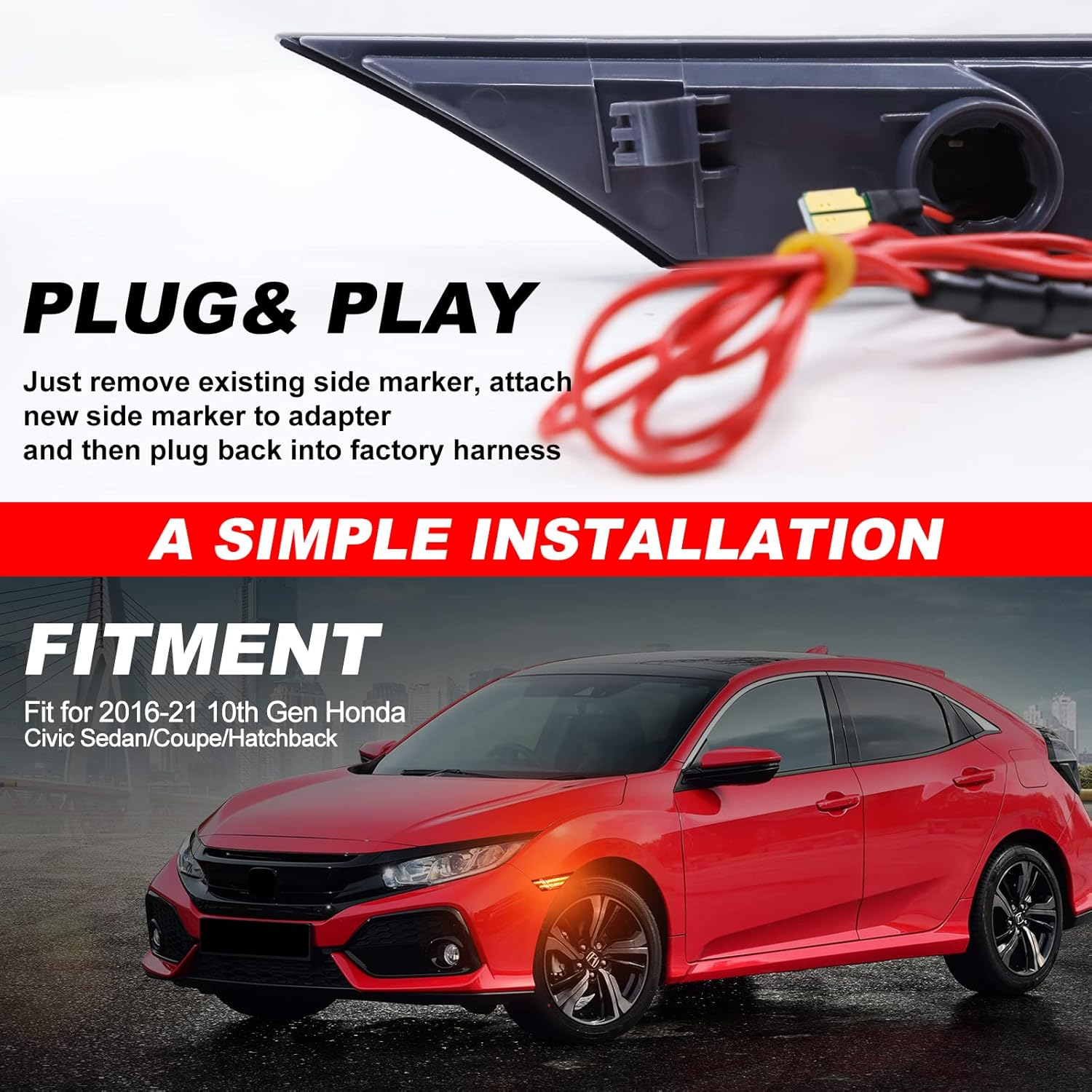 LED Side Marker Lights for Civic 2016-2021 Sedan Coupe Hatchback Switchback Amber Turn Signals White Running Position Lights Front Driver & Passenger Side,Pack of 2 image number 5