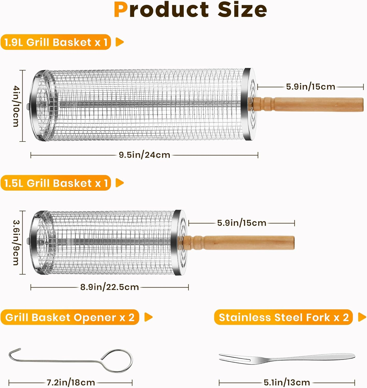 2PCS Rolling Grill Baskets with Removable Wooden Handle, 304 Stainless Steel, Nesting Grilling Net, BBQ Accessories Tools for Vegetables Shrimp, Outdoor Grilling Cookware image number 2