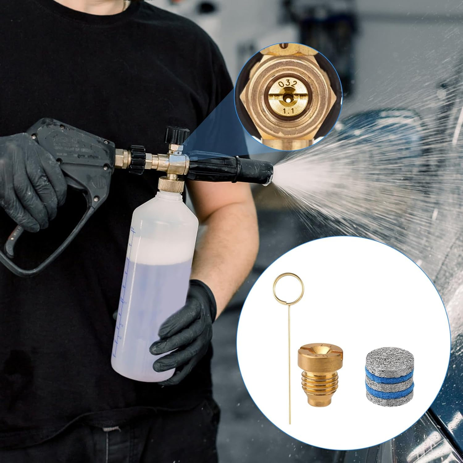 0.04In Foam Cannon Orifice Nozzle Tips, 3000 PSI Foam Cannon Nozzle Replacement Universal Thread Foam Cannon Nozzle with 3 Foam Maker Mesh Cleaning Needle and 2 Cotton Pads for Snow Foam Lance Parts image number 6