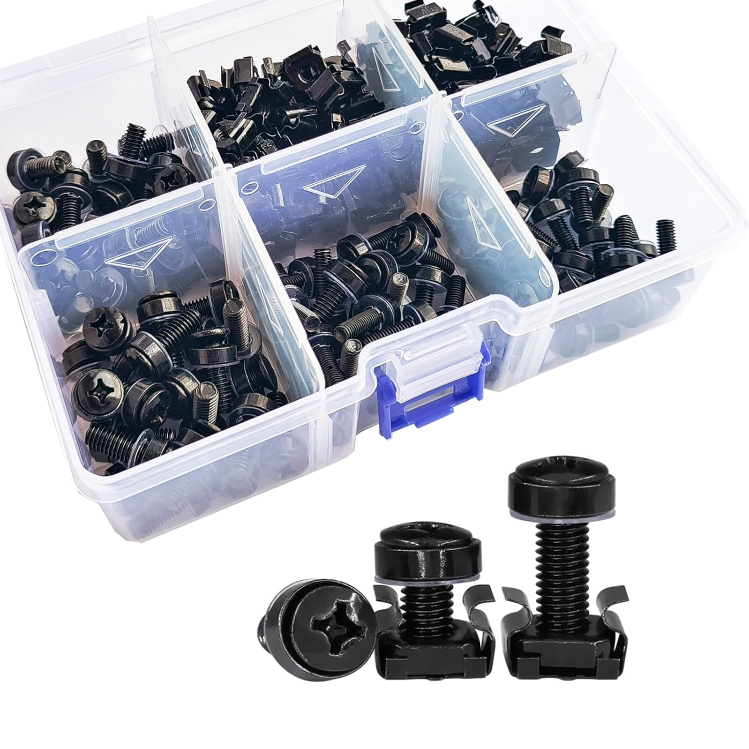 Ymaiss 100Sets/200Pcs M5 M6 Cage Nuts Screws and Washers Set,Metric Square Hole Hardware Cage Nut Screws and Washers for Rack Mount Server Shelves Cabinet,Routers Server Rack Black image number 4