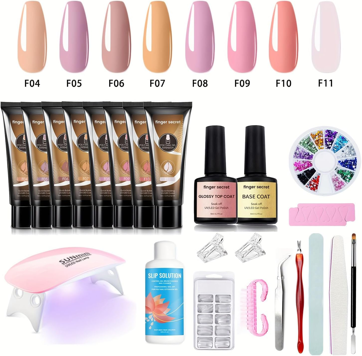 Finger Secret Poly Extension Gel Nail Kit - 8Colors Professional Nail Gel Set with Slip Solution and Lamp Nail Art Design Beginner,Nail Thickening Solution, All-In-One French Kit image number 3