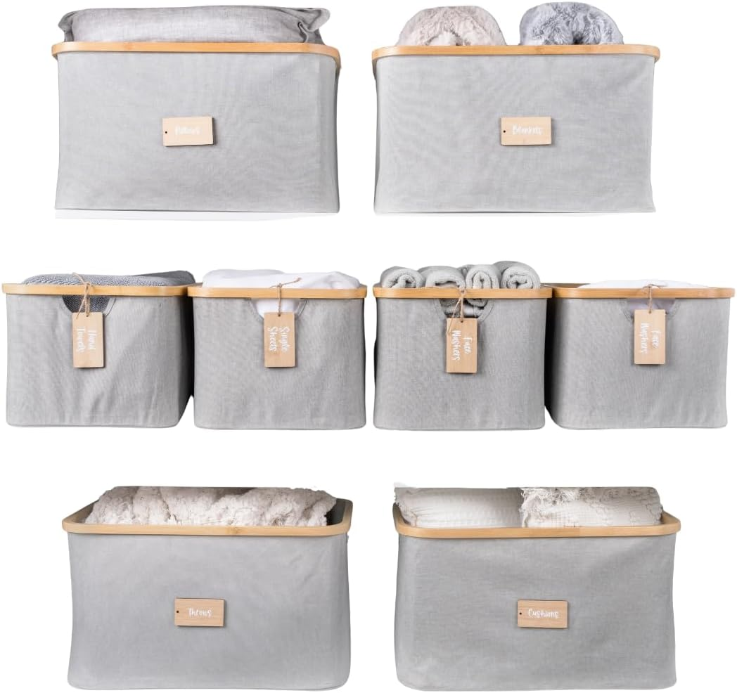Linen Storage Baskets with Bamboo Rim 8 Pack Light Grey, 4 Large and 4 Medium, Foldable Oxford Cloth Fabric Bins with Label Tags, Wardrobe and Cupboard Organisation for Bedroom Laundry Shelves image number 1