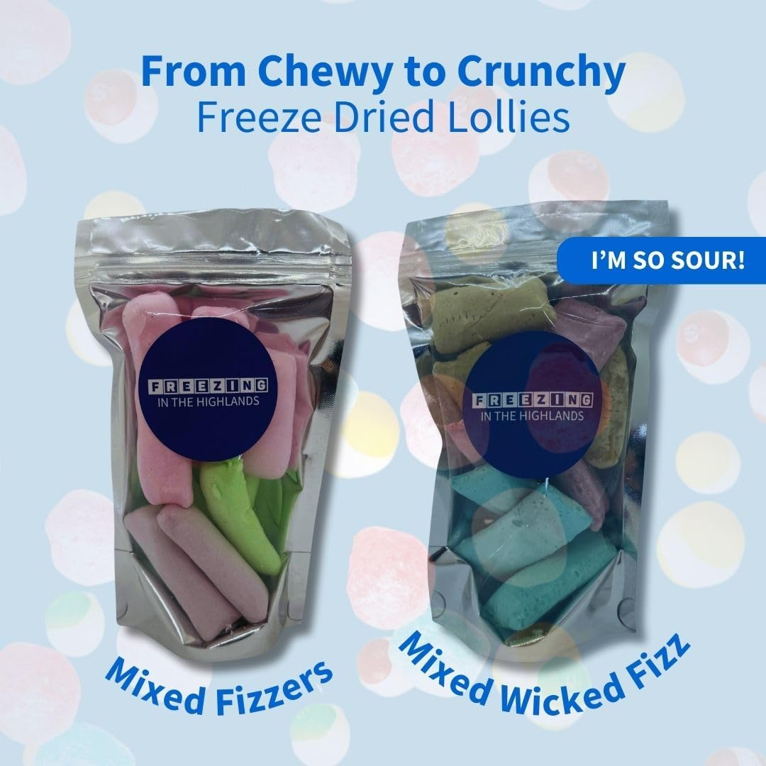 Freezing in the Highlands Freeze Dried Candy &ndash; Delicious 2-Pack Assorted Freeze Dried Lollies &ndash; Variety Pack Freeze Dry Candy Includes Mixed Fizzers & Mixed Wicked Fizz