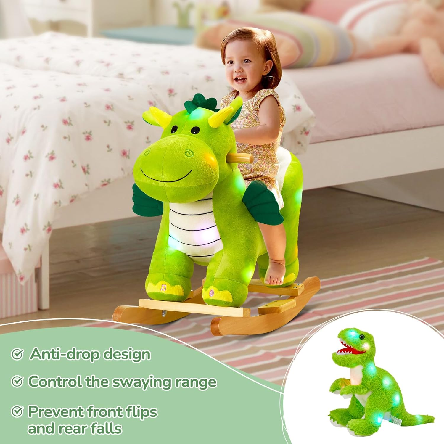 Glow Guards Musical Dinosaur Baby Rocking Horse Set - 2 Dinosaur Rockers with Safety Belt for Toddlers 1-3 - White Unicorn image number 5
