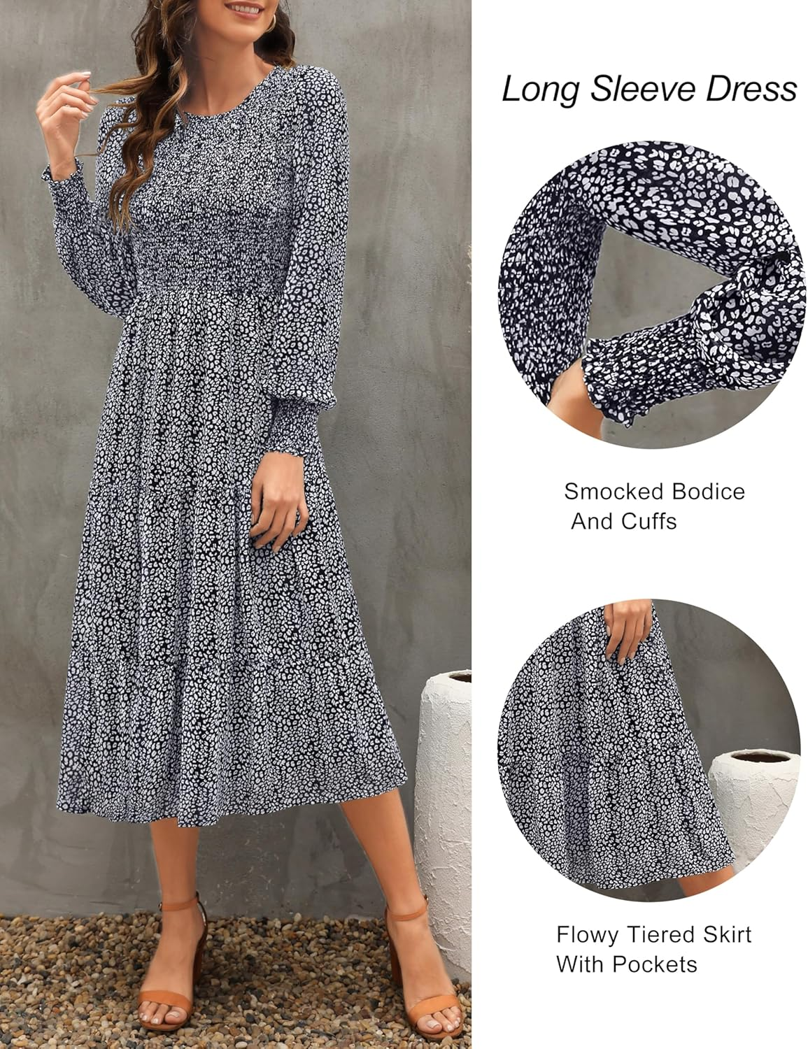 Zattcas Womens Fall Dresses 2024 Casual Long Sleeve Smocked Boho Floral Tiered Midi Wedding Guest Dress with Pockets image number 3