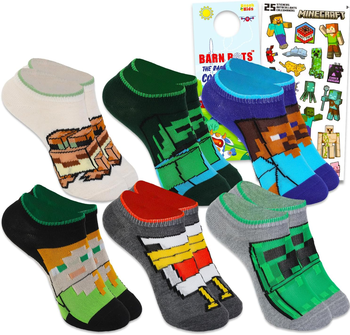 Minecraft Socks Set - Video Game Accessories Bundle with 6 Pairs of Socks for Teens, Adults Shoe Size 3-9 plus Stickers Apparel Set for Men, Multicolor, 3-9 image number 1