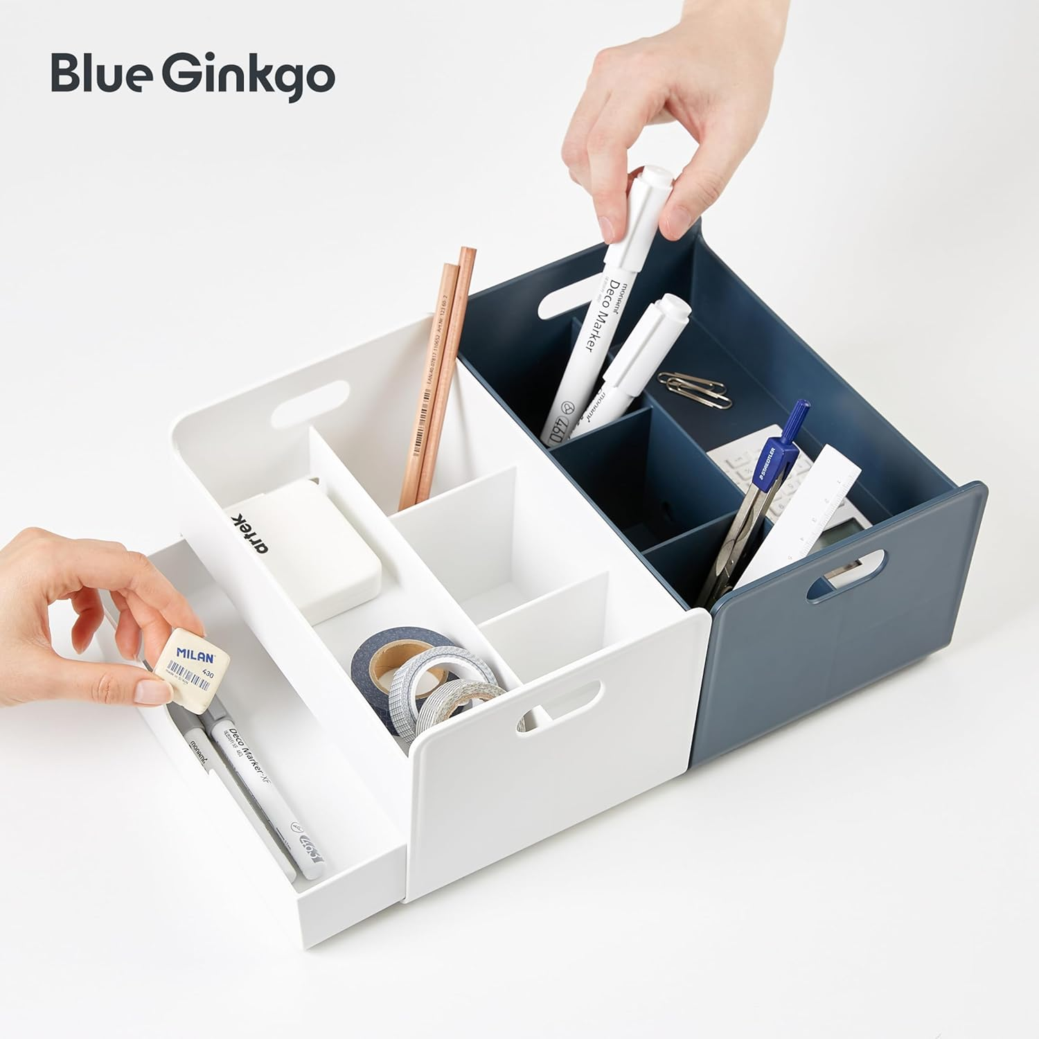 BLUE GINKGO Portable Desk Organizer &ndash; Compact 3 Compartment, Half-Drawer Storage &ndash; Pen Holder, Stationery Desktop Organizer for Office, Makeup, Crafts (Made in Korea, Blue)