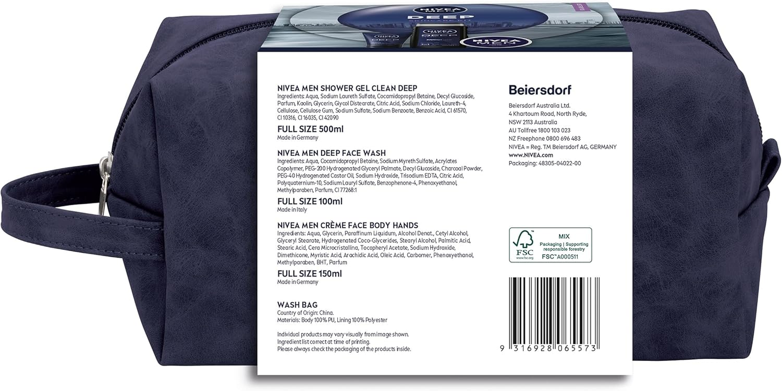 NIVEA MEN Deep Skincare Gift Set (3 Piece) | Includes: Shower Gel, Face Wash & Multipurpose Cream| Includes Bonus Wash Bag | Face & Body Care Essentials for Men | Hydrating Skin Care Routine image number 2