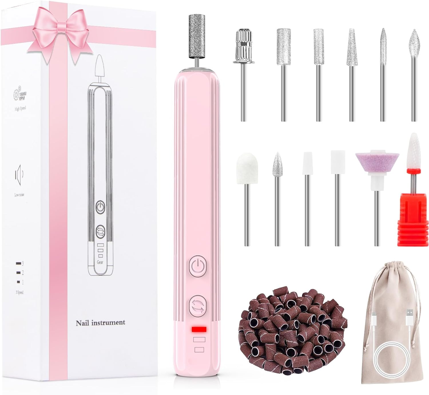 AOMEES Cordless Electric Nail Drill Bit Set, Portable Nail File Set for Acrylic and Gel Nails, Manicure and Polishing with 100 Sanding Bands (Pink) image number 3