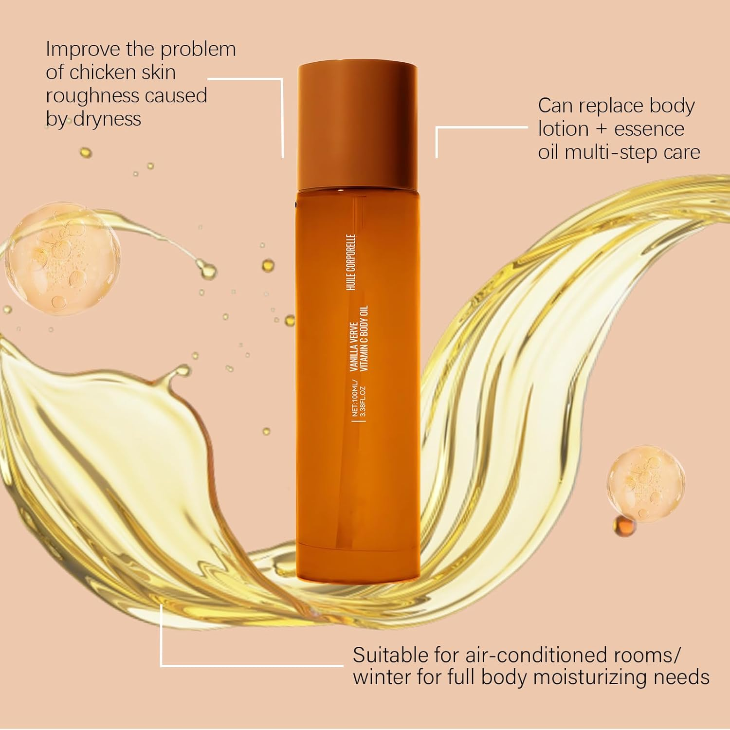 Vitamin C Body Oil for Women, Massage Body Oil for Dry Skin, Absorbing & anti Winkle, Anti-Aging Repair for Brightening and Even Skin Tone, Deeply Nourishing Dry Skin Non-Greasy (2Pcs) - 3Pcs image number 3