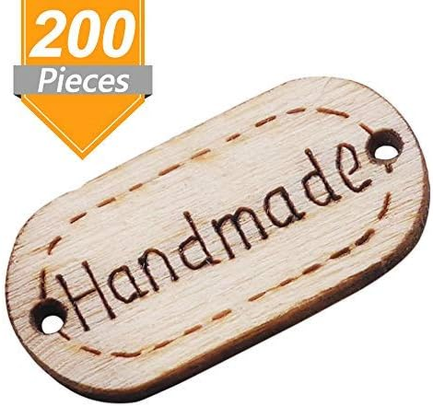 Onwon 200 Pieces Handmade Tag Label Oval Wood Handmade Tags Button Wooden Buttons with 2 Hole for Crafts Sewing Scrapbooking Clothing Decoration image number 1