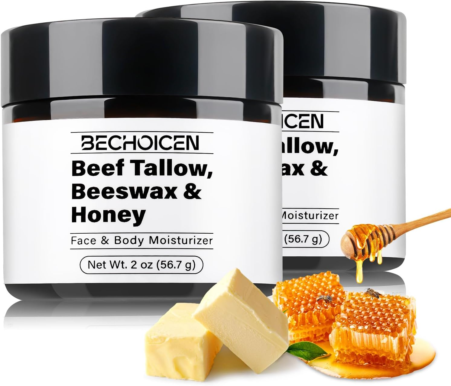 Beef Tallow and Honey Balm,Tallow Balm for Face & Body,Grass Fed Beef Tallow Moisturizer with Tallow,Beeswax & Honey,Moisturizes & Repairs Dry Skin,2 Oz