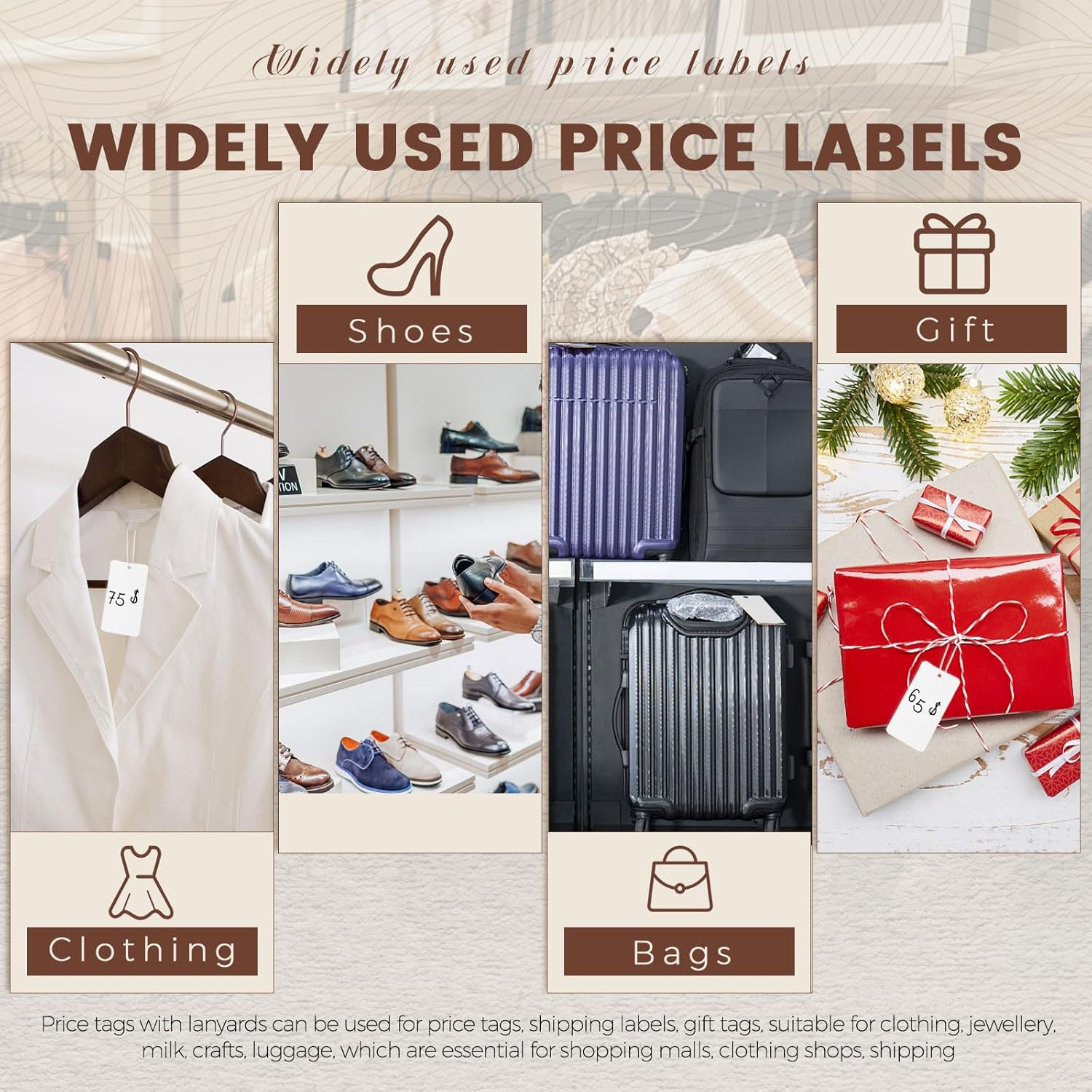 Sekonow 400Pcs White Gift Tags with String, Large Price Tags Clothing Tags Blank Kraft Paper Hang Tags for Clothes Sale Crafts Pricing Inventory - Black image number 6