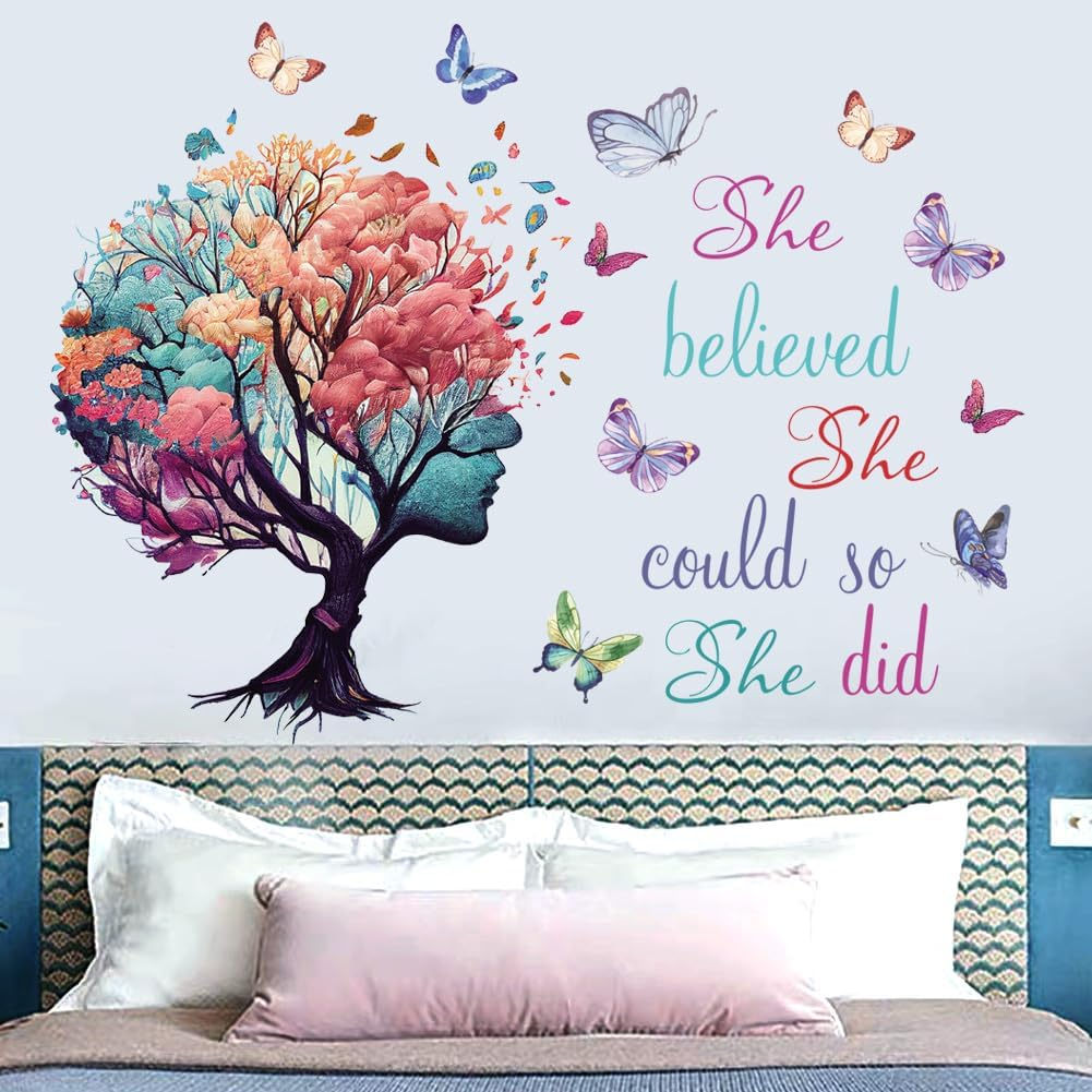 Inspirational Quotes Wall Art - 'She Believed She Could so She Did' Tree & Butterfly Decal Stickers for Women & Girls Bedroom & Living Room Decor image number 1
