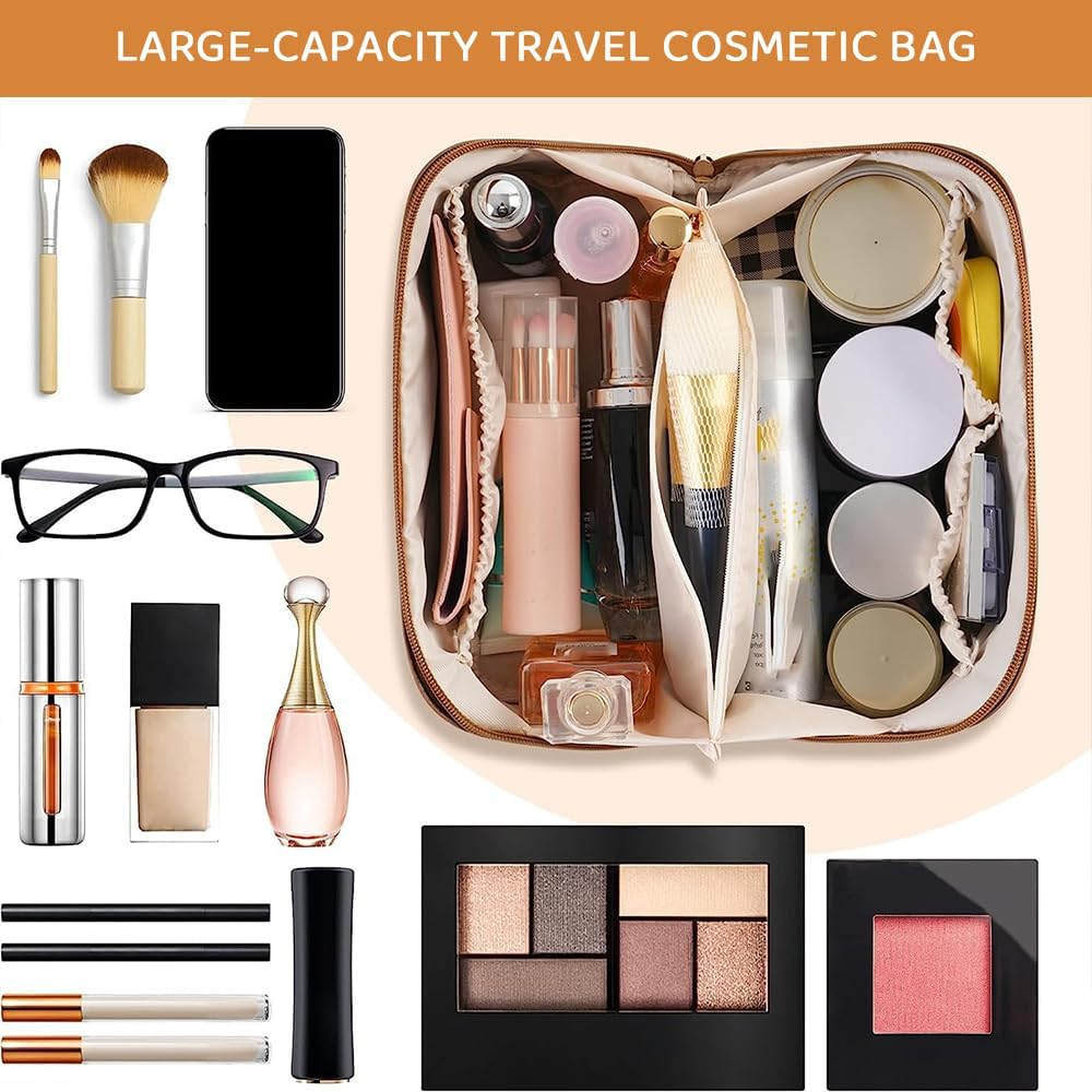 RUTREZOGO Large Capacity Travel Cosmetic Bag &ndash; Waterproof PU Leather Makeup Bag with Handle and Divider, Multifunctional Portable Storage for Skincare, Toiletries, and Cosmetics (Coffee) image number 2