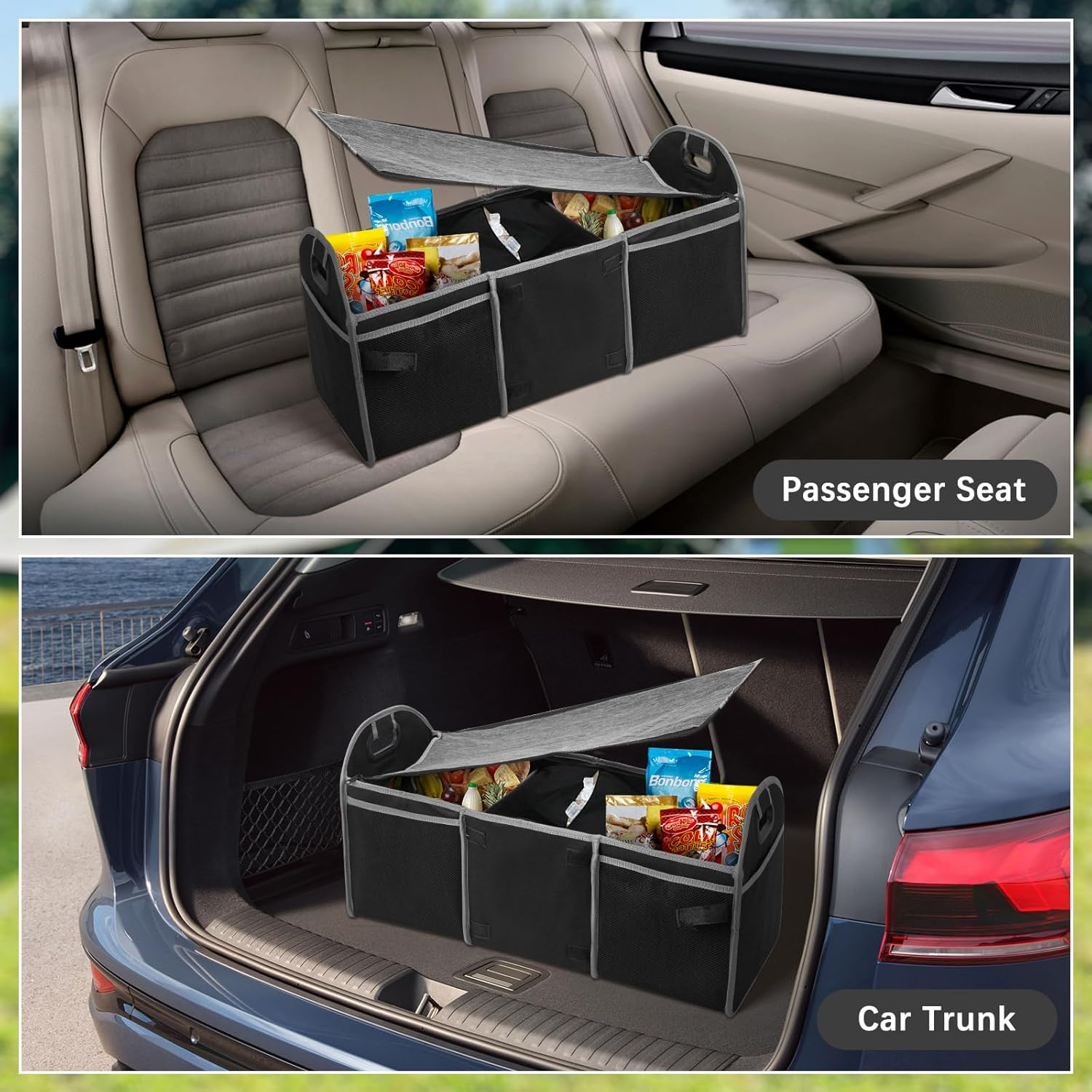 Car Boot Organiser with Lid, Collapsible Cargo Trunk Storage with Build-In Insulated Cooler Bag, 600D Oxford Polyester Suv/Sedan Organizer Car Accessories for Women Men (3 Compartments, Black)