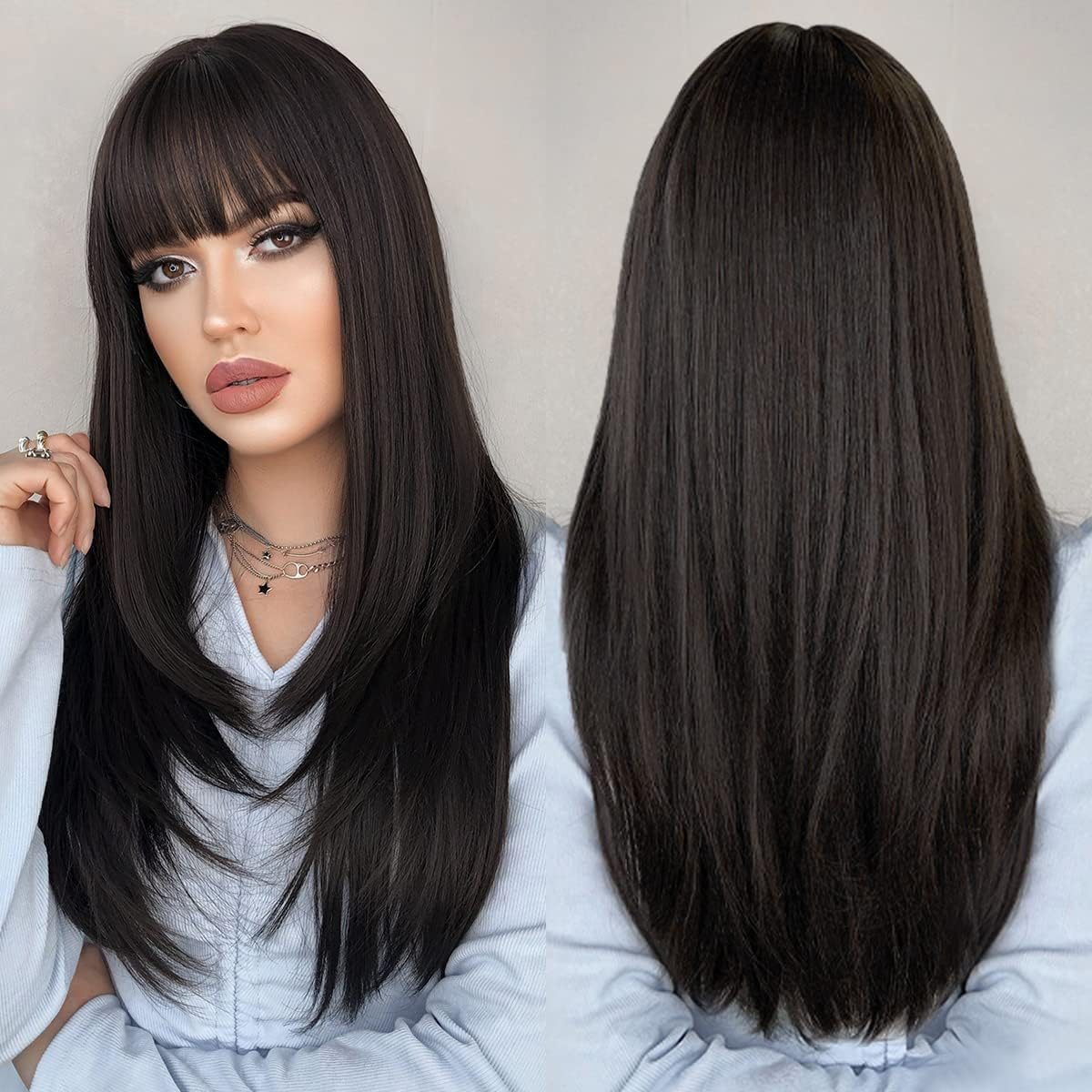 XILIYAI Long Black Straight Wigs for Women 26 Inch Glueless Realistic Synthetic Wig with Bangs Heat Resistant Natural Layered Wig for Girls Daily Party Cosplay