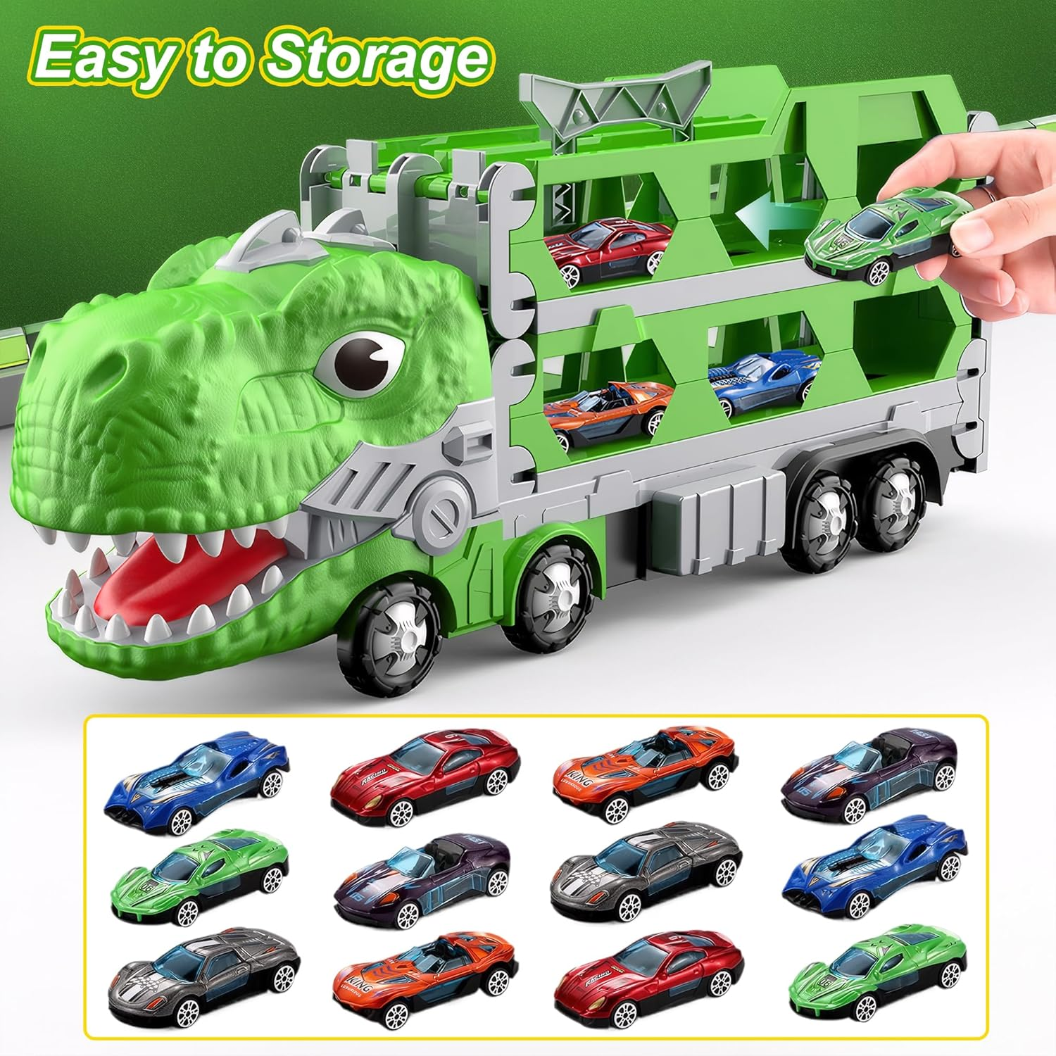Foldable Race Track Dinosaur Truck Toy with 12 Metal Toy Cars for Kids Age 3-8 image number 5
