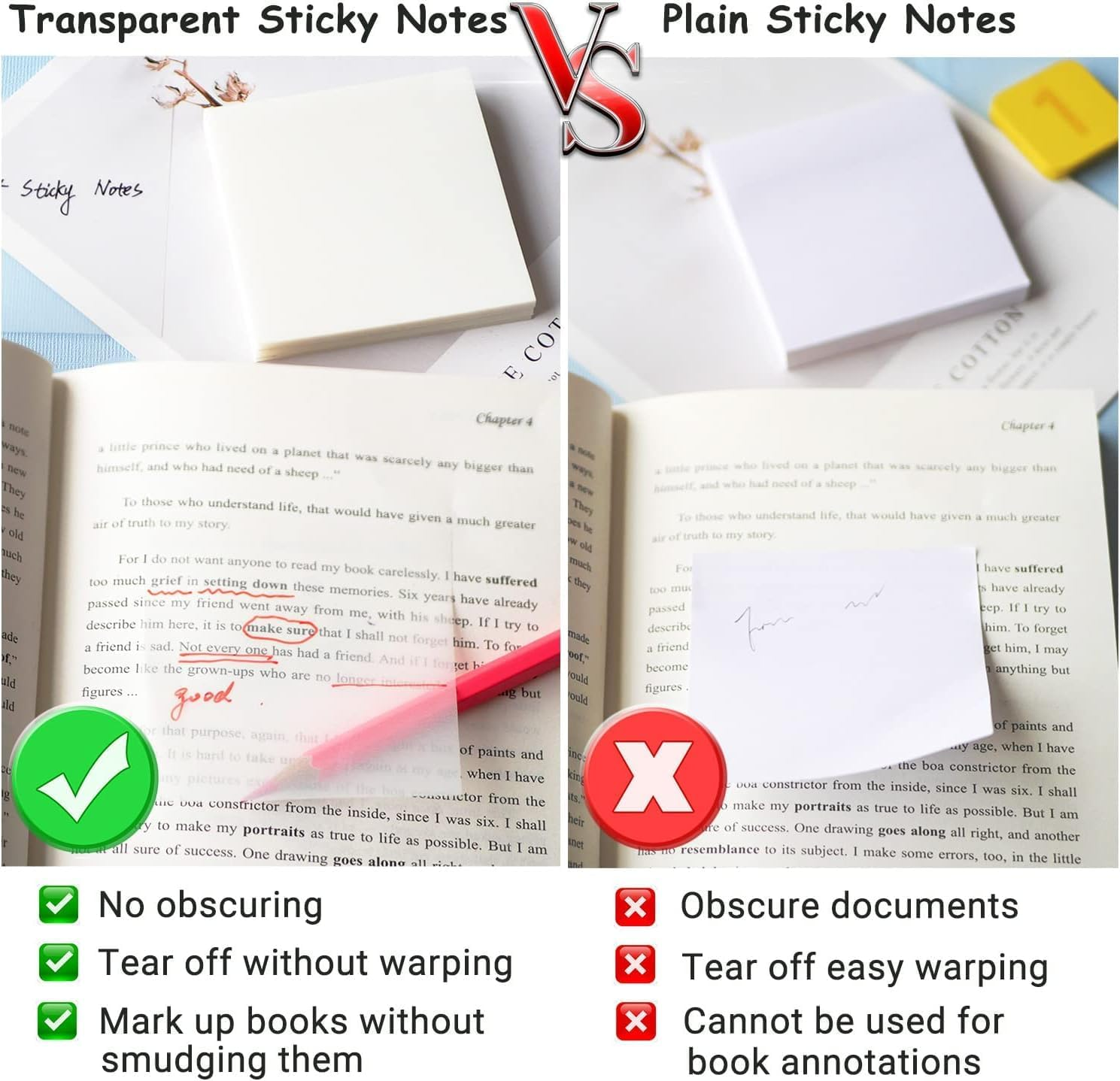 UKKQES Transparent Sticky Notes - 3X3 Inch 6 Pads/300 Sheets Clear Sticky Notes Waterproof Self-Adhesive Translucent Sticky Note Pads for Books Annotation, See through Sticky Notes for School & Office image number 5
