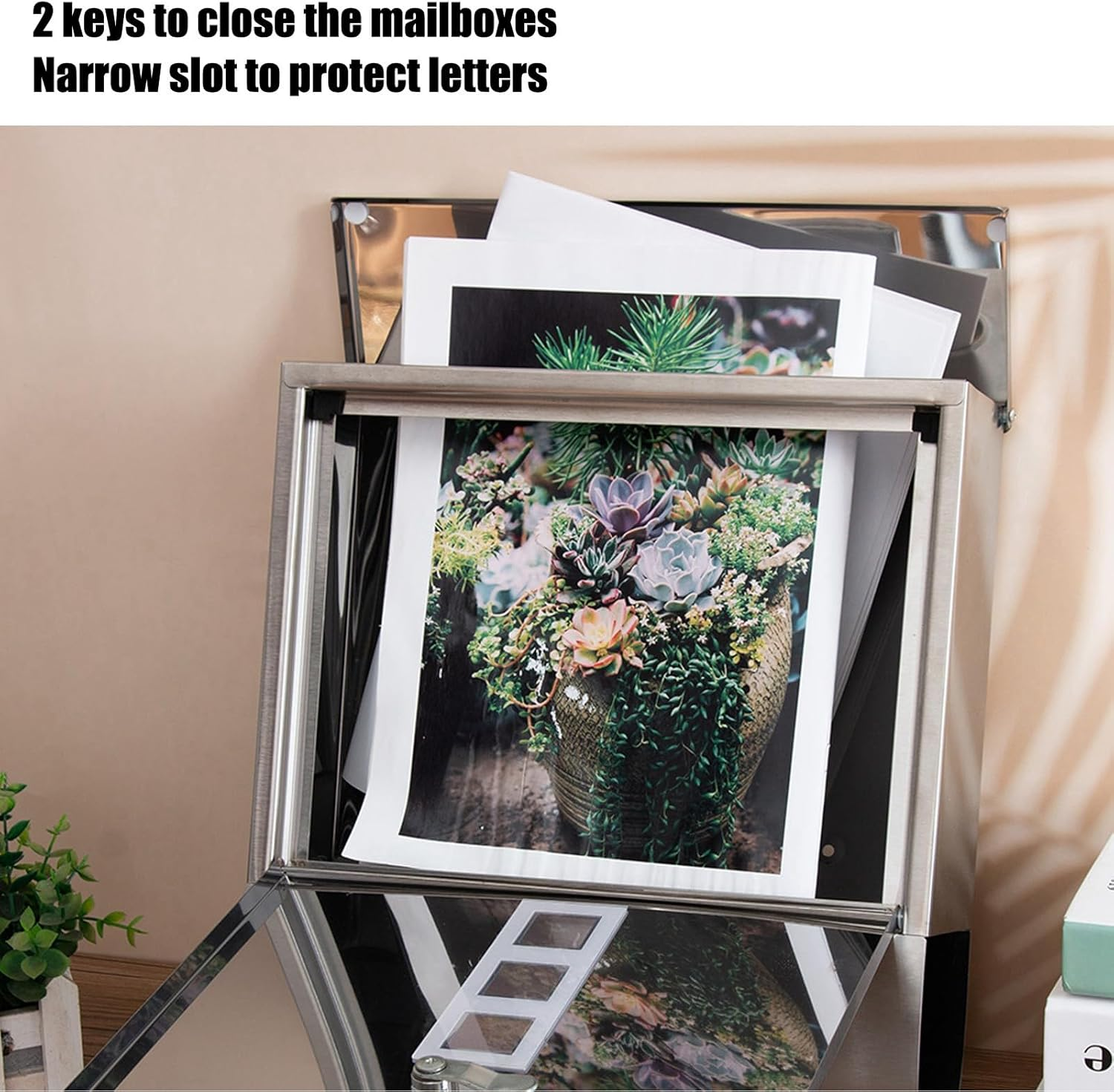 European Style Locking Mailbox with Narrow Slot, 2 Keys, Small and Compact Stainless Steel Wall Mounted Vertical Mailboxes for outside Garden image number 5