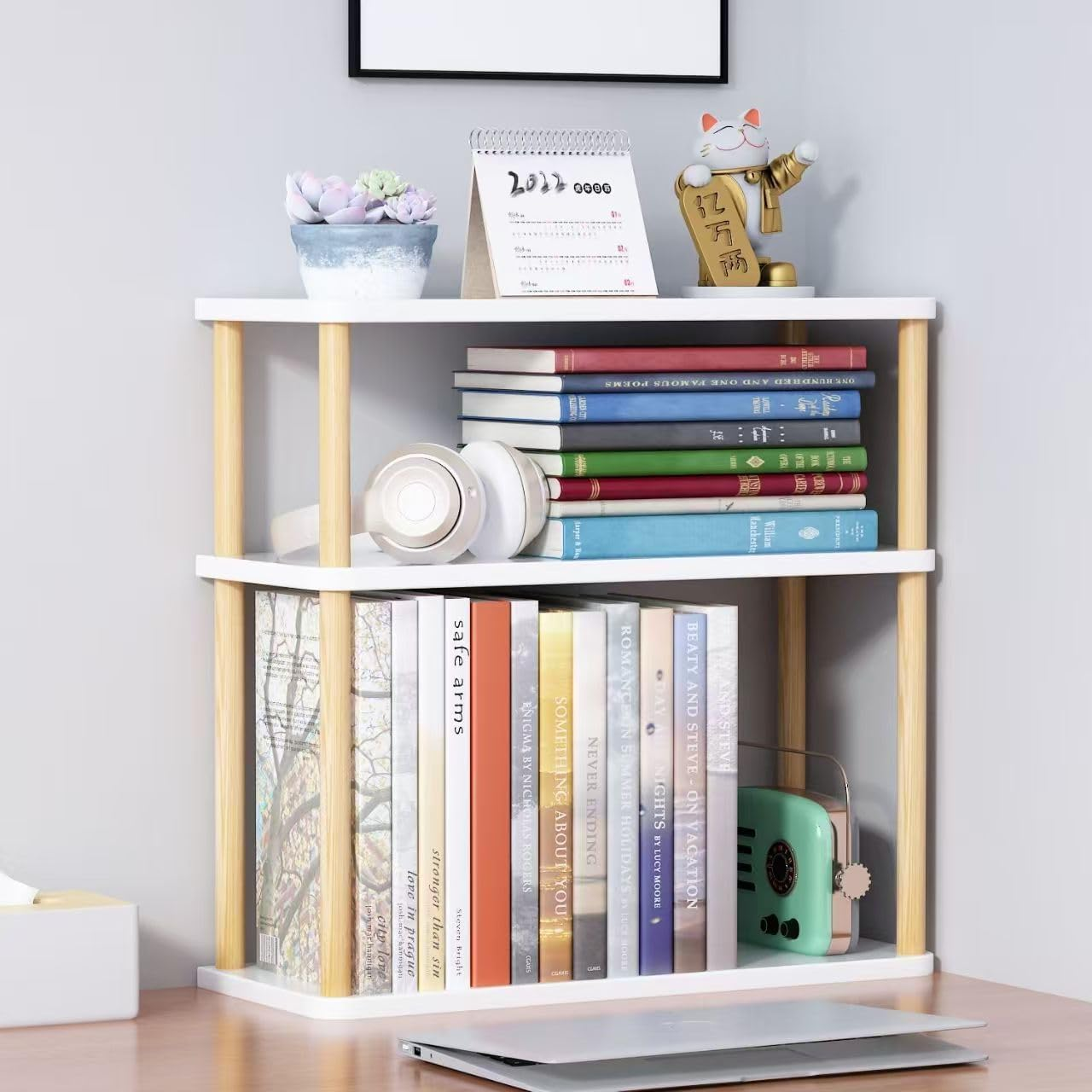 Hbluefat Desktop Organizer Shelf, 2-Tier Solid Wood Adjustable Bookshelf Storage Rack, Small Countertop Bookcase Display Shelf for Home Office (White)