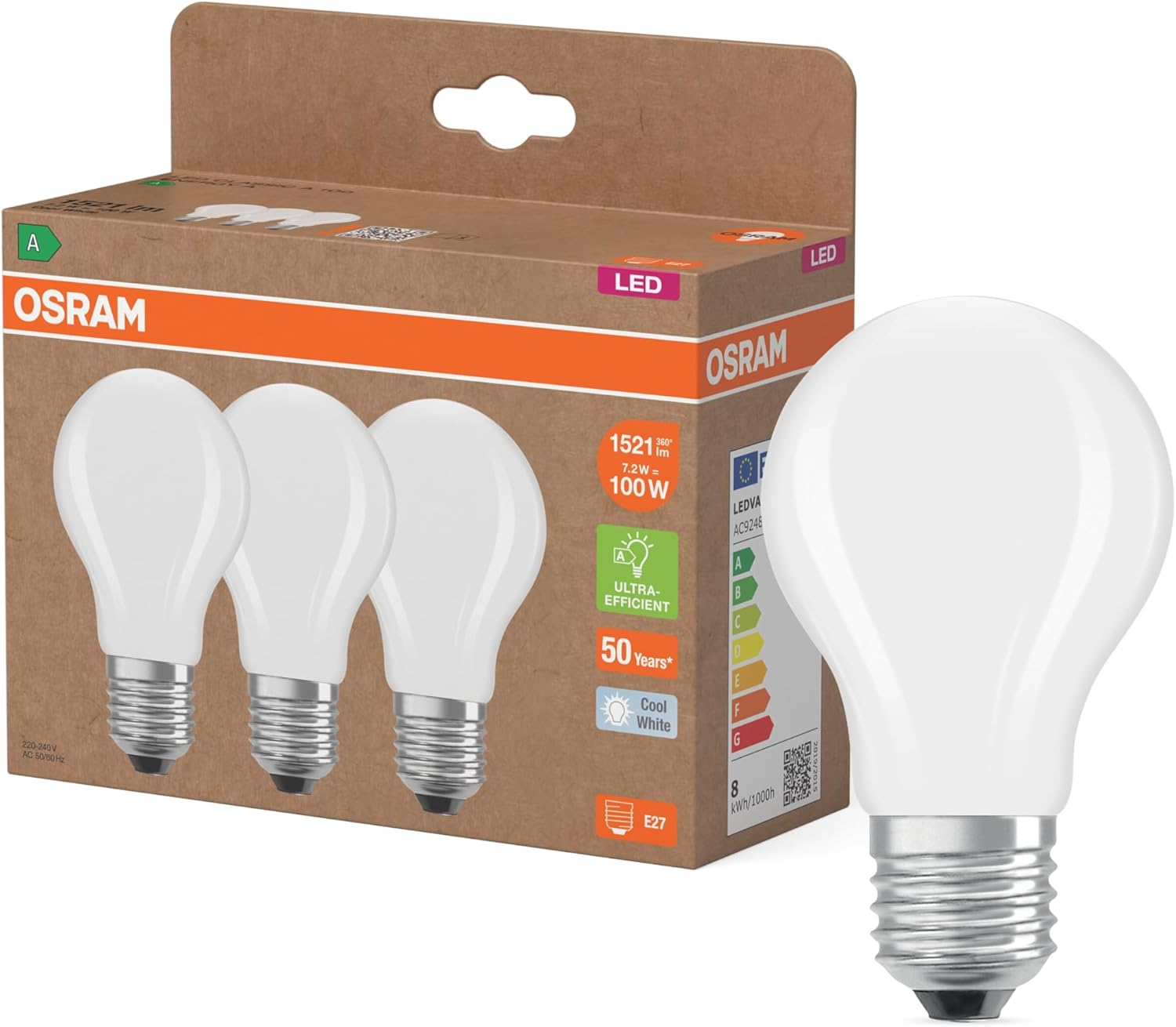 OSRAM Classic LED Lamp A100 Filament 7.2 W 840 4000 K Cool White E27 Matte 1521 Lm 50,000 Hours Energy Efficient image number 2