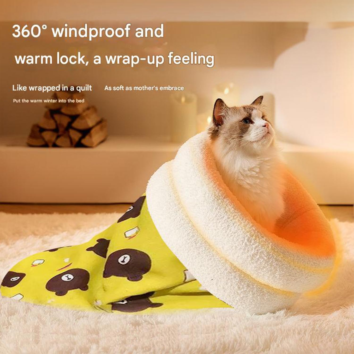 Roczential Cozy Warm Sleeping Bag for Cats, Cozy Cat Winter Sleeping Bag, 360-Degree Wrap Self-Warming Plush Puppy Sleeping Nest (Yellow)