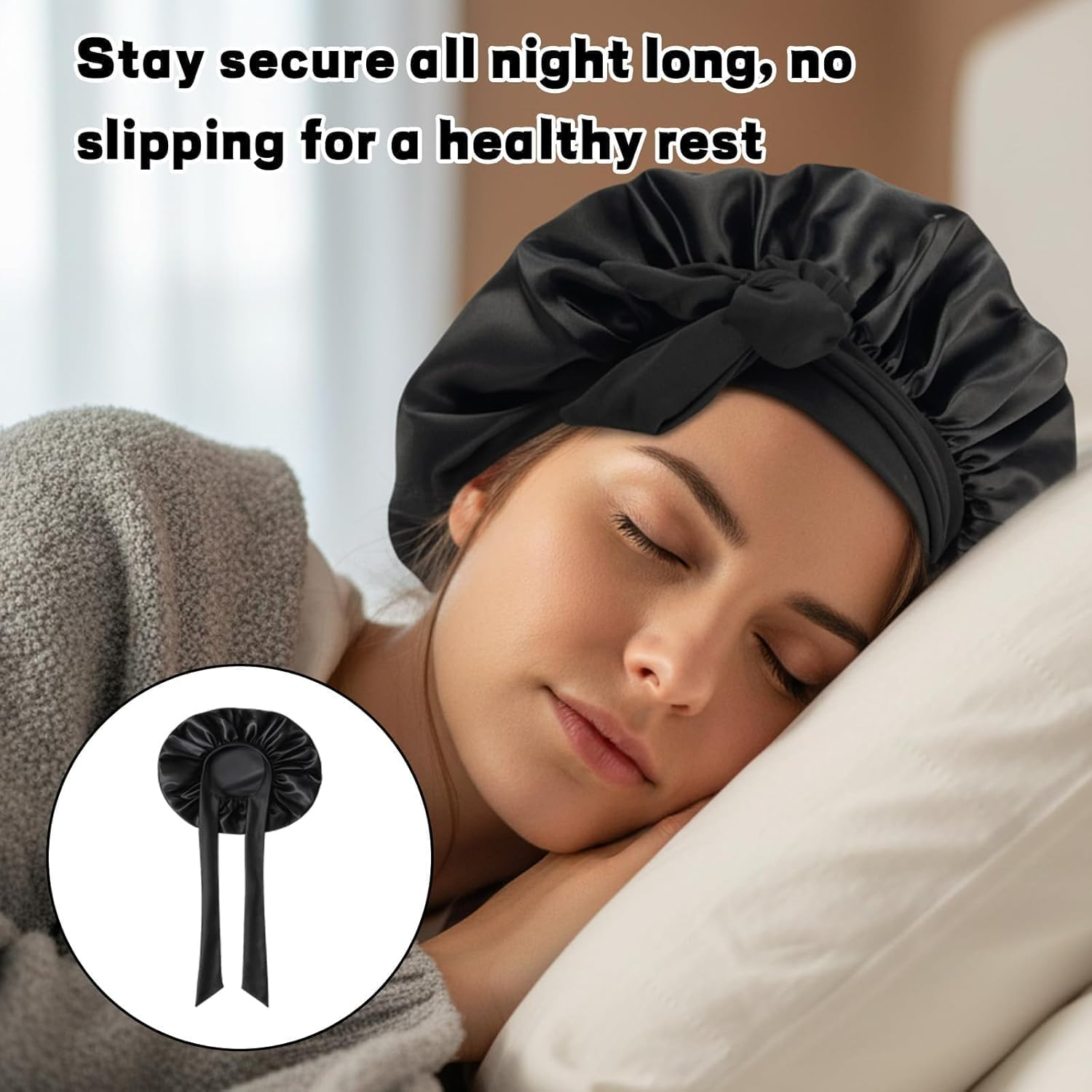 Jazrvr Silk Bonnet for Sleeping, Silk Sleep Cap, Set of 6 Including 3 Black Silk Bonnets and 3 Hair Bobbles 36 Cm, Hair Protection for the Night image number 1
