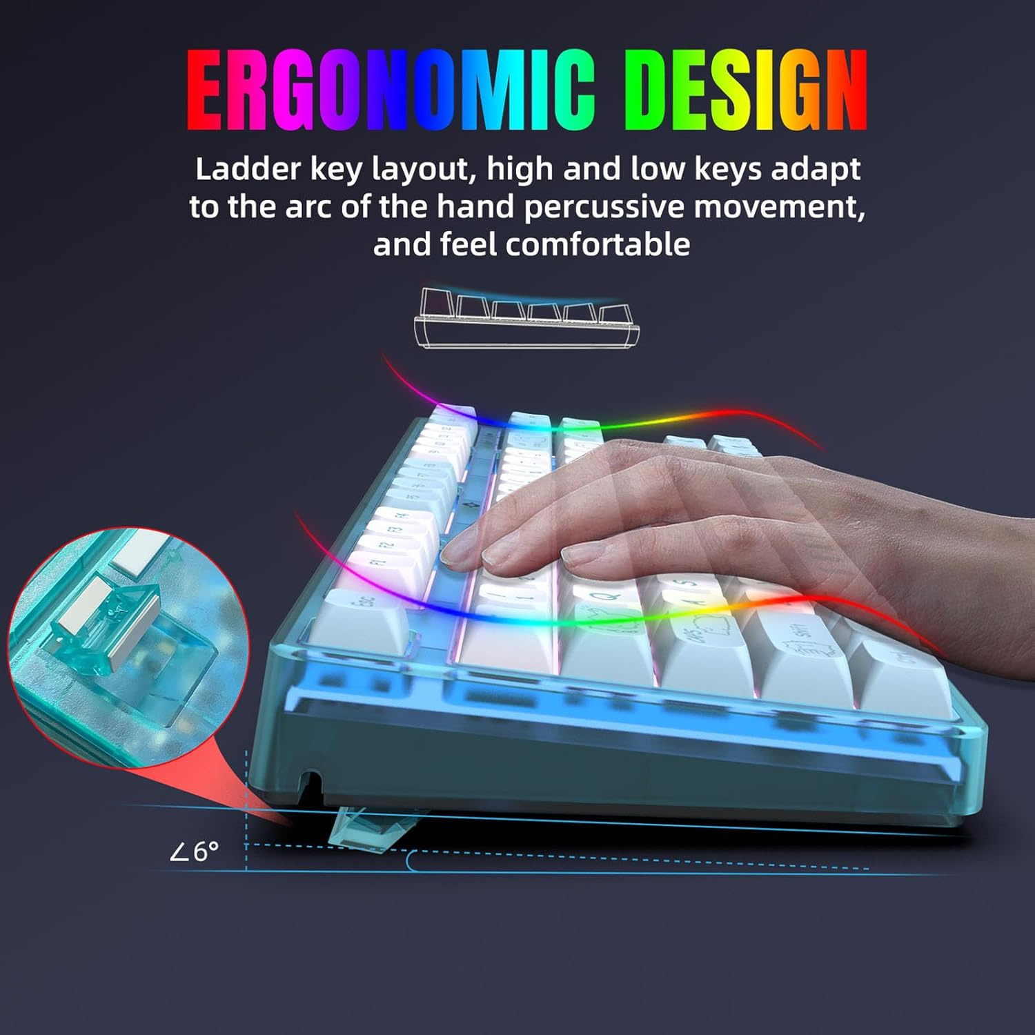 Mechanical Gaming Keyboard - USB Backlit Keyboard with PBT Keycaps, RGB Backlight, 20 Lighting Modes, Ergonomic Design, Detachable USB Cable image number 5