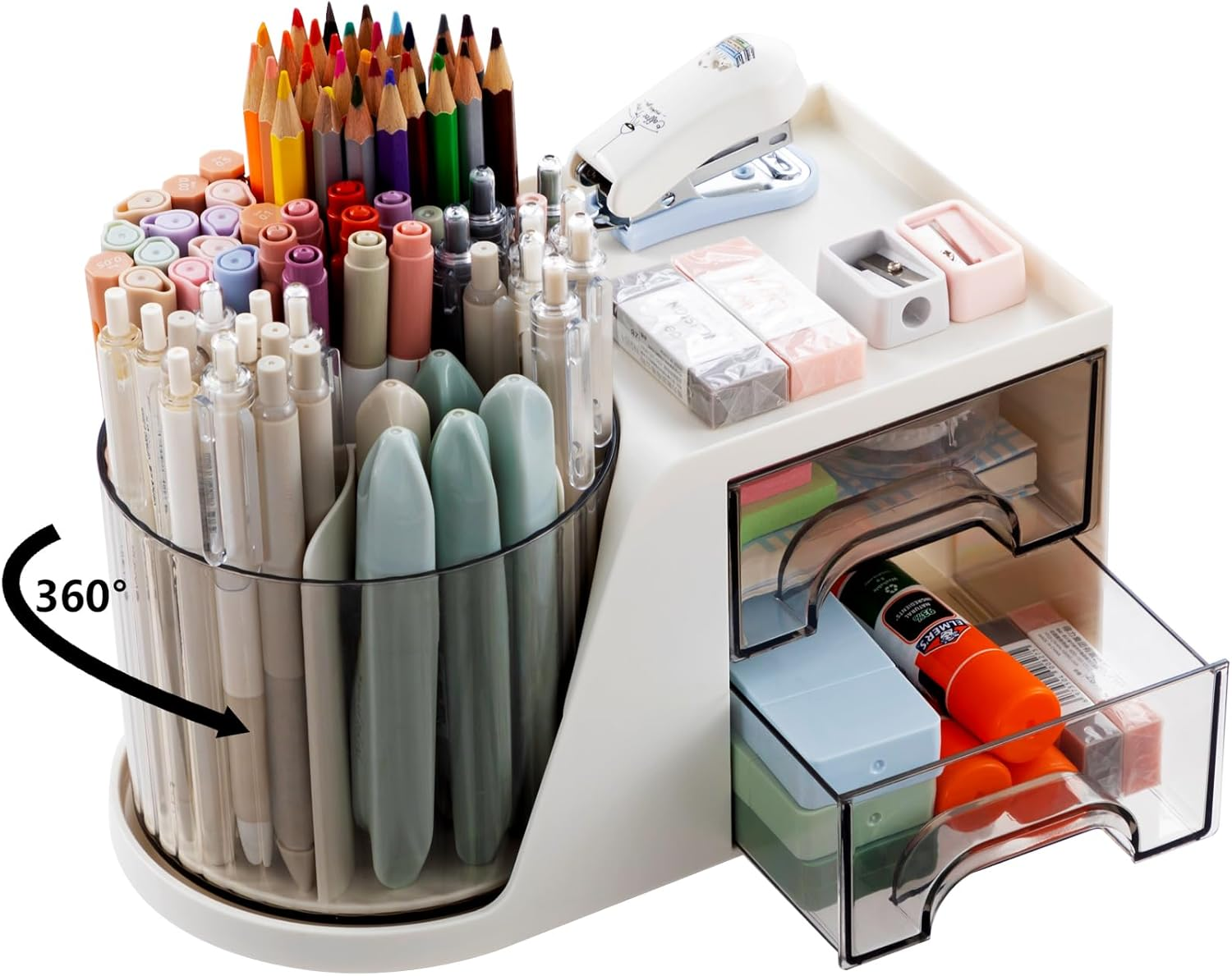 Desk Organizer, 360-Degree Rotating Pen Holder for Desk, Desk Organizers and Accessories with 6 Compartments Pencil Organizer, Art Supply Storage Box Caddy for Office, Home (White)